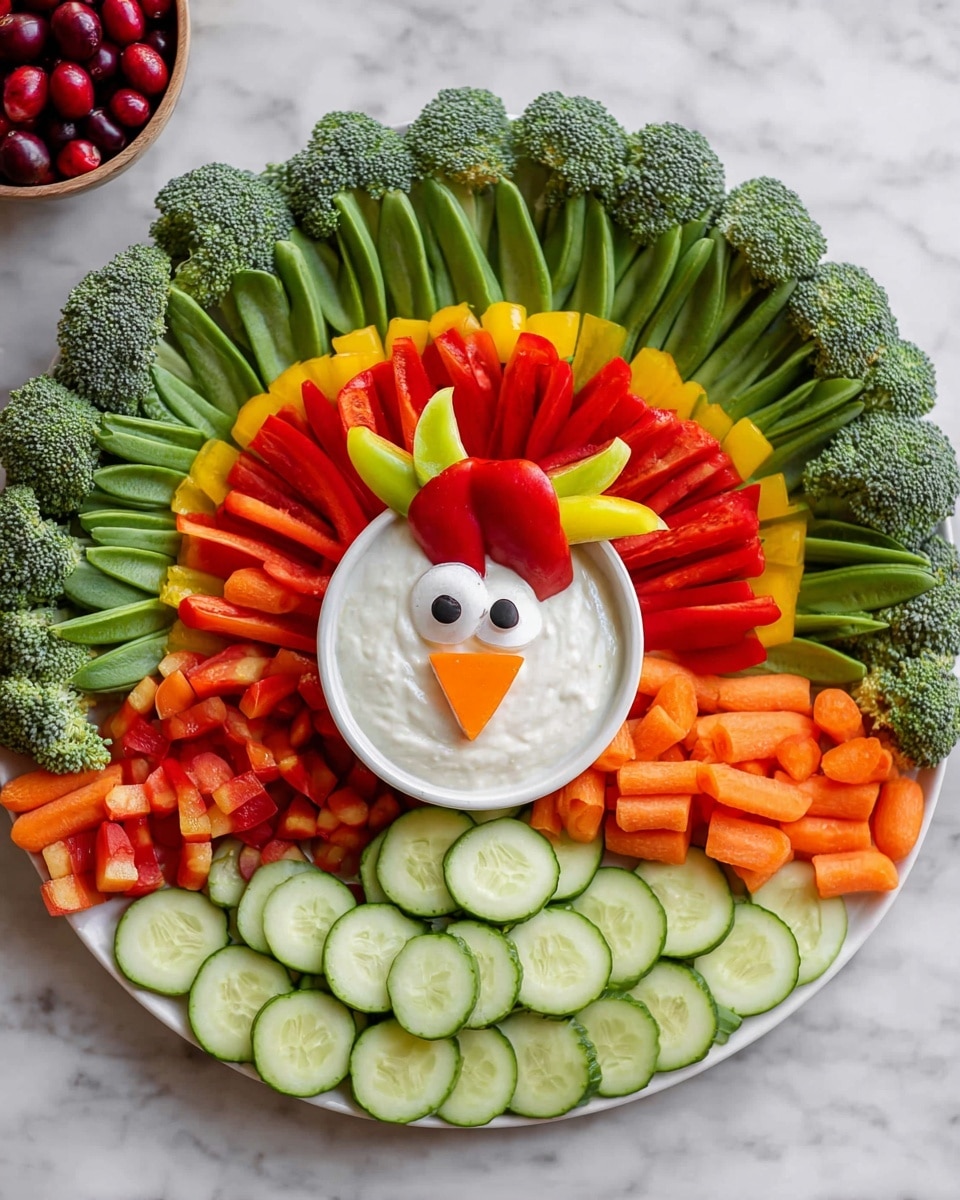 A white round plate on a white marbled texture holds a colorful vegetable turkey tray with a small white bowl of creamy white dip at the center; the bowl is decorated with a red bell pepper shaped like a turkey head with white and black eyes, an orange carrot nose, and a yellow bell pepper wattle; around the bowl, snap peas form green feathers, followed by dark green broccoli florets; next are bright red and yellow chopped bell peppers, then a row of baby orange carrots, and finally an outer ring of light green cucumber slices with dark green edges, arranged in neat layers. Photo taken with an iphone --ar 4:5 --v 7