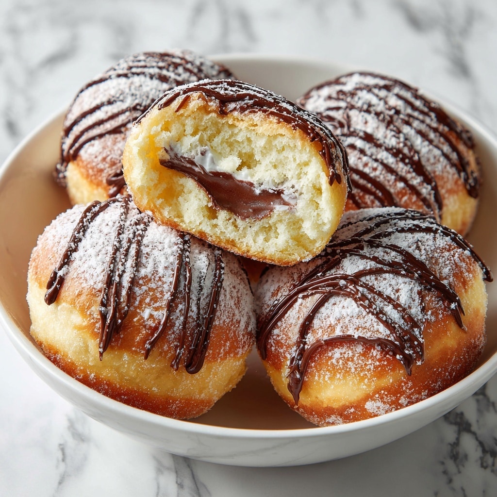 A white bowl filled with several round golden brown fried pastries dusted with white powdered sugar; two of the pastries are cut in half, showing a rich, glossy dark chocolate filling inside layered with a light, soft dough. The outside of the pastries has a slightly crispy texture, and the powdered sugar adds a soft, snowy touch. The bowl sits on a white marbled surface with blurred baked goods in the background. photo taken with an iphone --ar 4:5 --v 7