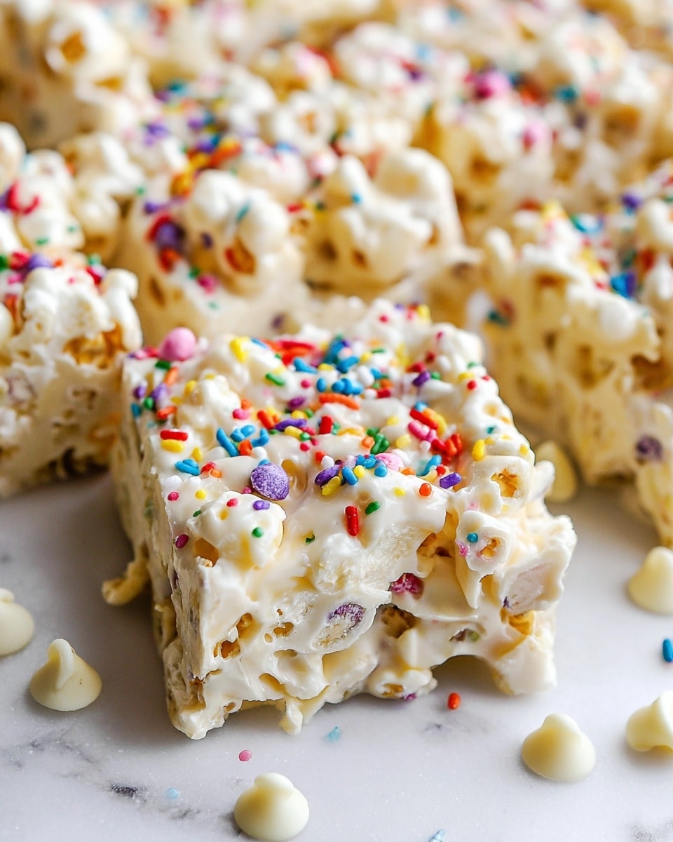 The image shows a close-up view of a sweet treat made from melted white chocolate mixed with popcorn. The top layer consists of white chocolate coating with colorful sprinkles scattered throughout, adding bright yellow, red, pink, blue, green, and purple spots. The popcorn underneath is visible through the sticky, stretchy chocolate, showing an uneven texture and light golden-brown bits. The treat is cut into squares, with some white chocolate chips and more sprinkles scattered around on a white marbled surface. The image is sharp and detailed, showing the creamy, gooey texture of the melted white chocolate and the crunchy popcorn mix. photo taken with an iphone --ar 4:5 --v 7