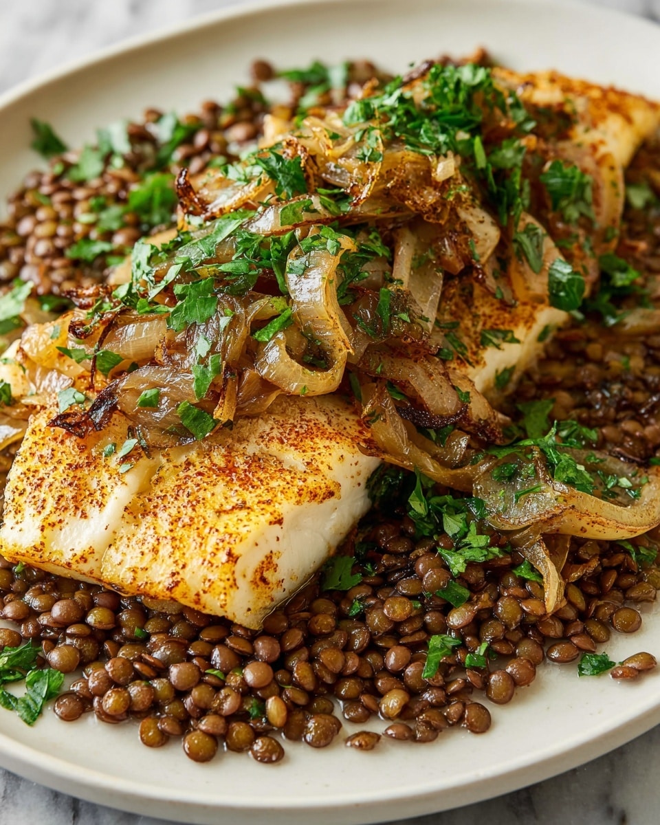 A white plate holds a dish with two main layers: the bottom layer is a pile of small, round, brown lentils with a slightly glossy texture, spreading across half of the plate; on top of the lentils lies a large piece of golden-yellow cooked fish fillet, showing a light crispy surface with a sprinkled reddish seasoning. Covering the fish is a generous layer of sautéed onions that are golden brown with some darker caramelized edges, mixed with finely chopped green herbs scattered over both the onions and fish, creating a fresh contrast against the warm colors. The photo is taken on a white marbled surface close-up, showing the vivid textures and colors clearly. Photo taken with an iphone --ar 4:5 --v 7