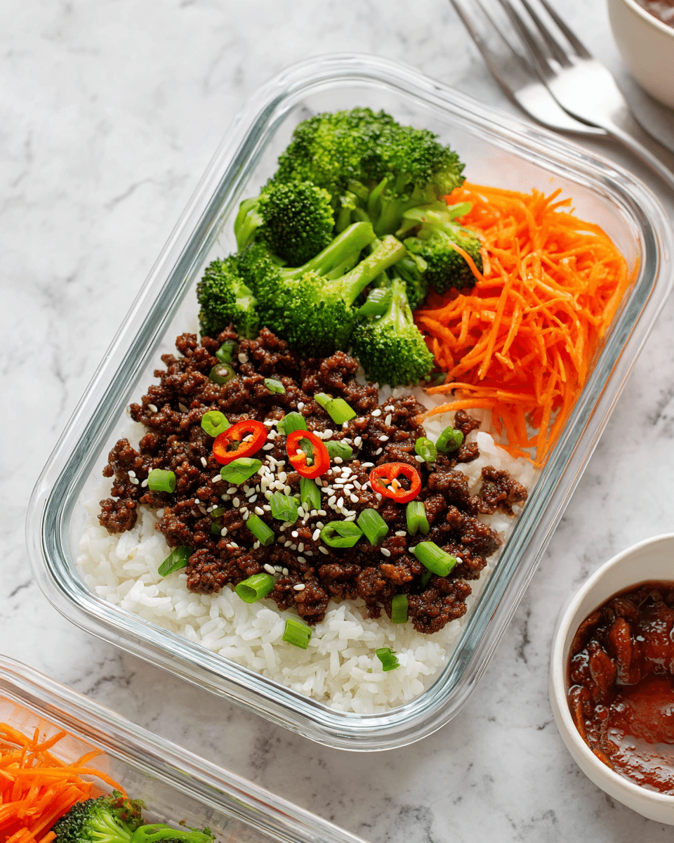 A clear square container filled with three distinct layers of food: the bottom layer is white rice, fluffy and evenly spread, topped with small green onion slices; the middle layer consists of dark brown cooked minced meat mixed with black beans, and garnished with a few small red chili pieces; the top layer includes bright green broccoli florets on the left and shredded orange carrots on the right. The container sits on a white marbled surface with a small part of a white plate and some sauce visible on the side. photo taken with an iphone --ar 4:5 --v 7