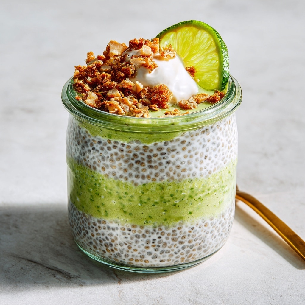 A clear glass jar shows a three-layer chia pudding dessert sitting on a white marbled surface. The bottom and top layers are light green with visible chia seeds, and the middle layer is white with chia seeds, creating a striped effect. On top, there's a small dollop of white cream, a few crumbled light brown granola pieces, and a thin slice of lime garnished with a small twist of lime peel. A spoon with a golden handle is partly visible on the right side of the jar. photo taken with an iphone --ar 4:5 --v 7