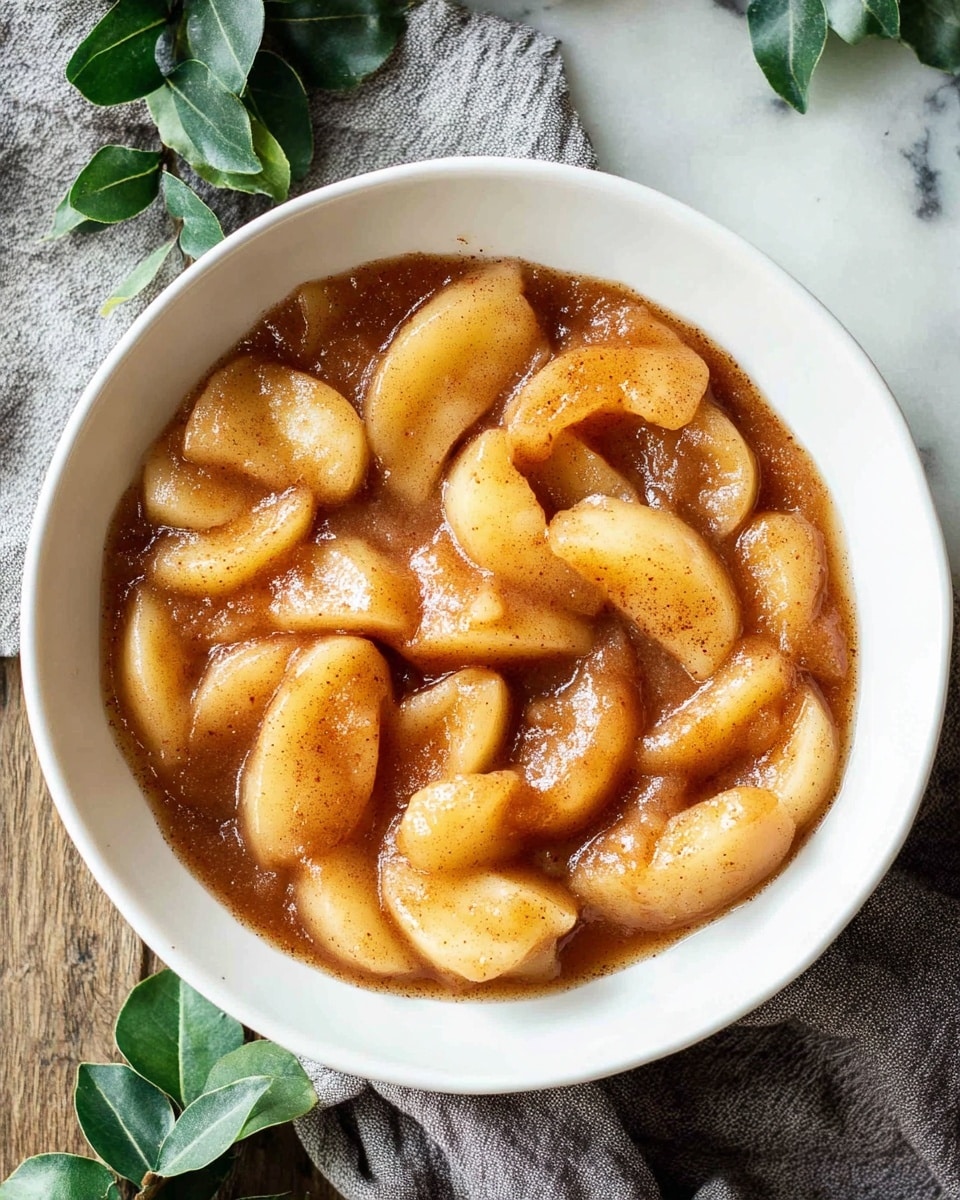 A white bowl filled with cooked apple slices covered in a thick, glossy brown sauce with visible cinnamon specks. The apple slices are pale yellow with a soft texture, arranged unevenly, and partly submerged in the rich sauce that has a smooth, syrupy consistency. The bowl sits on a white marbled surface next to a grey cloth and some green leaves. photo taken with an iphone --ar 4:5 --v 7