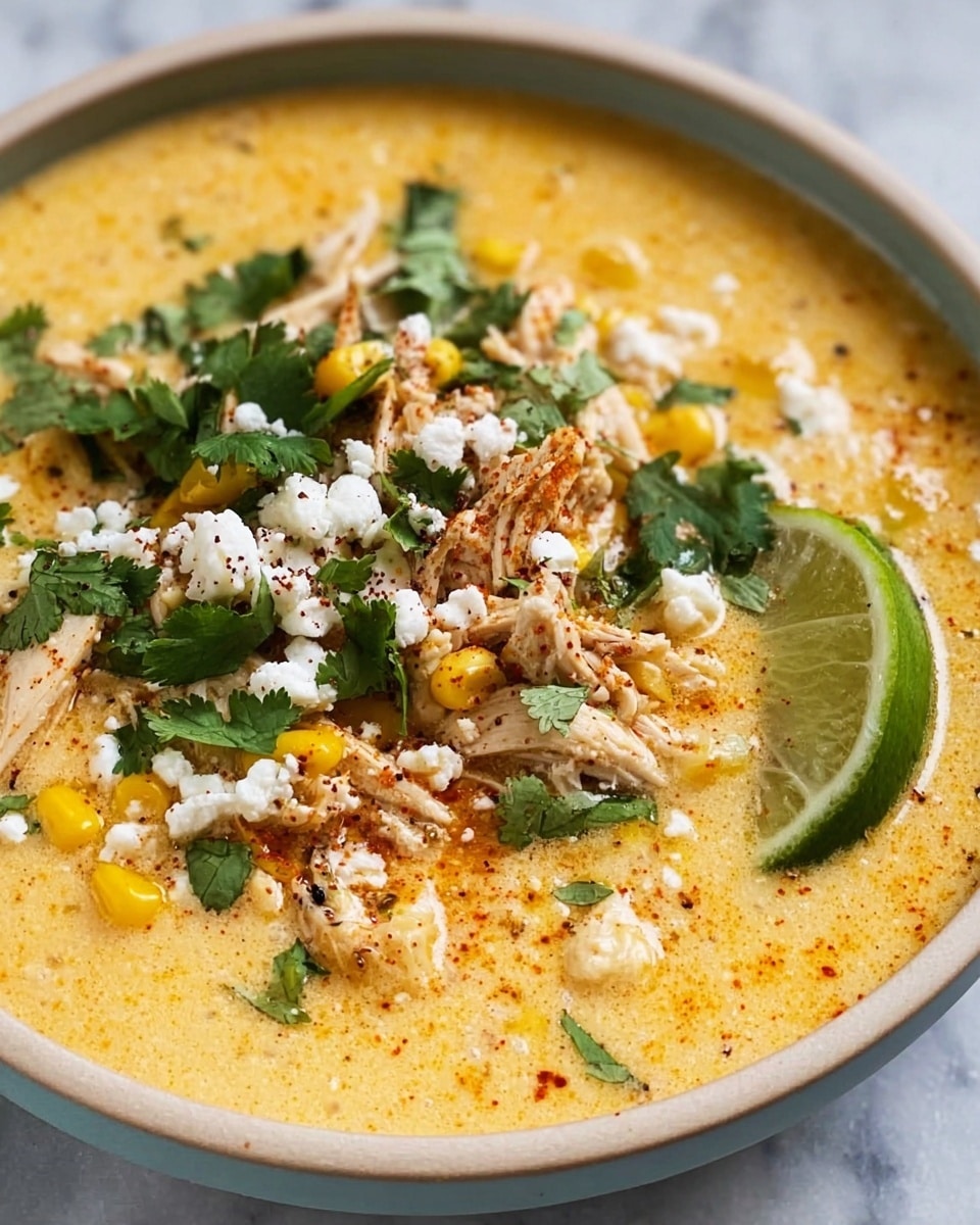 A close-up view of a creamy yellow soup in a white bowl with a light blue rim, featuring visible small yellow corn kernels mixed throughout. On top, there are shredded pieces of light brown chicken, scattered bright green cilantro leaves, white crumbled cheese, and a dusting of black pepper and red spices. A wedge of green lime rests on one side of the soup, adding a fresh pop of color. The bowl sits on a white marbled surface. Photo taken with an iphone --ar 4:5 --v 7