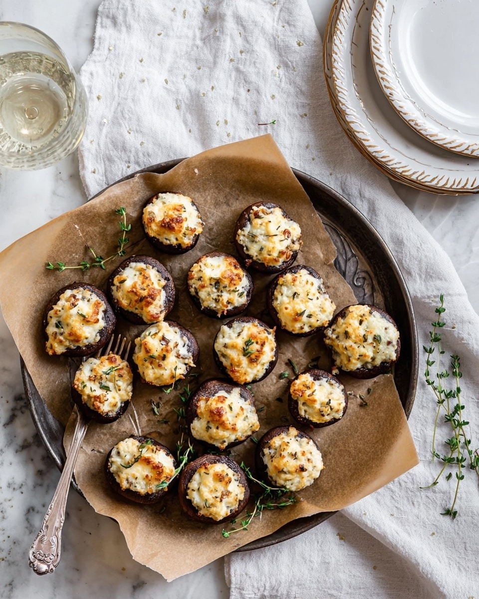 The image shows a dark round tray lined with brown parchment paper, holding about 18 stuffed mushrooms arranged closely together. Each mushroom has a dark brown cap as the base layer, topped with a creamy off-white filling that is slightly golden and browned on top, giving a textured, bubbly look. Small green herb leaves, likely thyme, are scattered over the mushrooms and a few sprigs rest on the parchment paper as decoration. The tray sits on a soft white cloth on a white marbled surface. Next to it is a white plate with an ornate edge and a vintage silver fork resting on it, and in the top left corner, there is a clear wine glass. In the top right, there are two stacked white plates with a subtle gold pattern along the edge. photo taken with an iphone --ar 4:5 --v 7