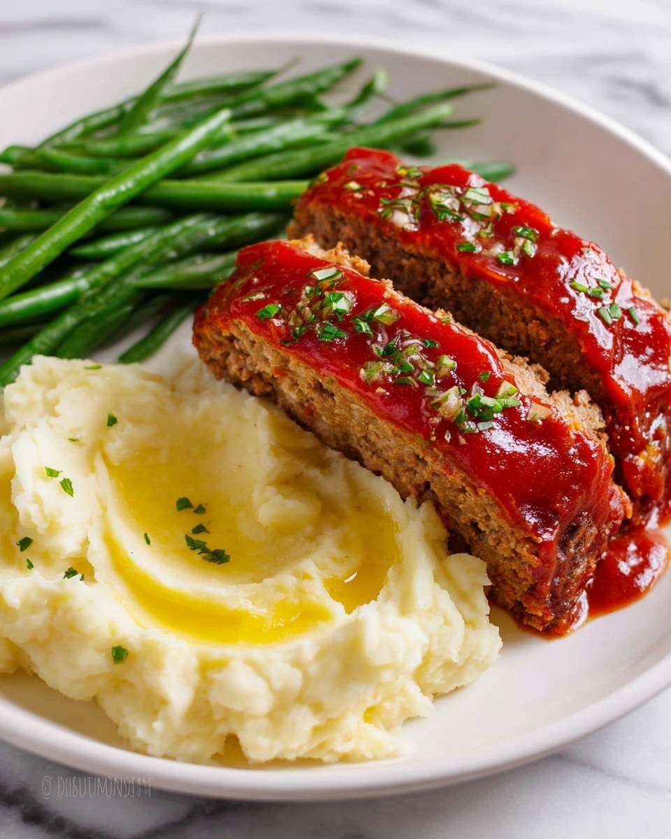 A white plate holds a meal with three main parts: two thick slices of meatloaf topped with shiny red tomato sauce and sprinkled with small green herb pieces, smooth creamy mashed potatoes with a slight yellow butter swirl on one side of the plate, and a group of fresh green beans placed behind the meatloaf, adding a rich green contrast. The textures vary from the coarse, crumbly meatloaf to the soft mashed potatoes and firm green beans, all arranged neatly on the plate over a white marbled surface. Photo taken with an iphone --ar 4:5 --v 7