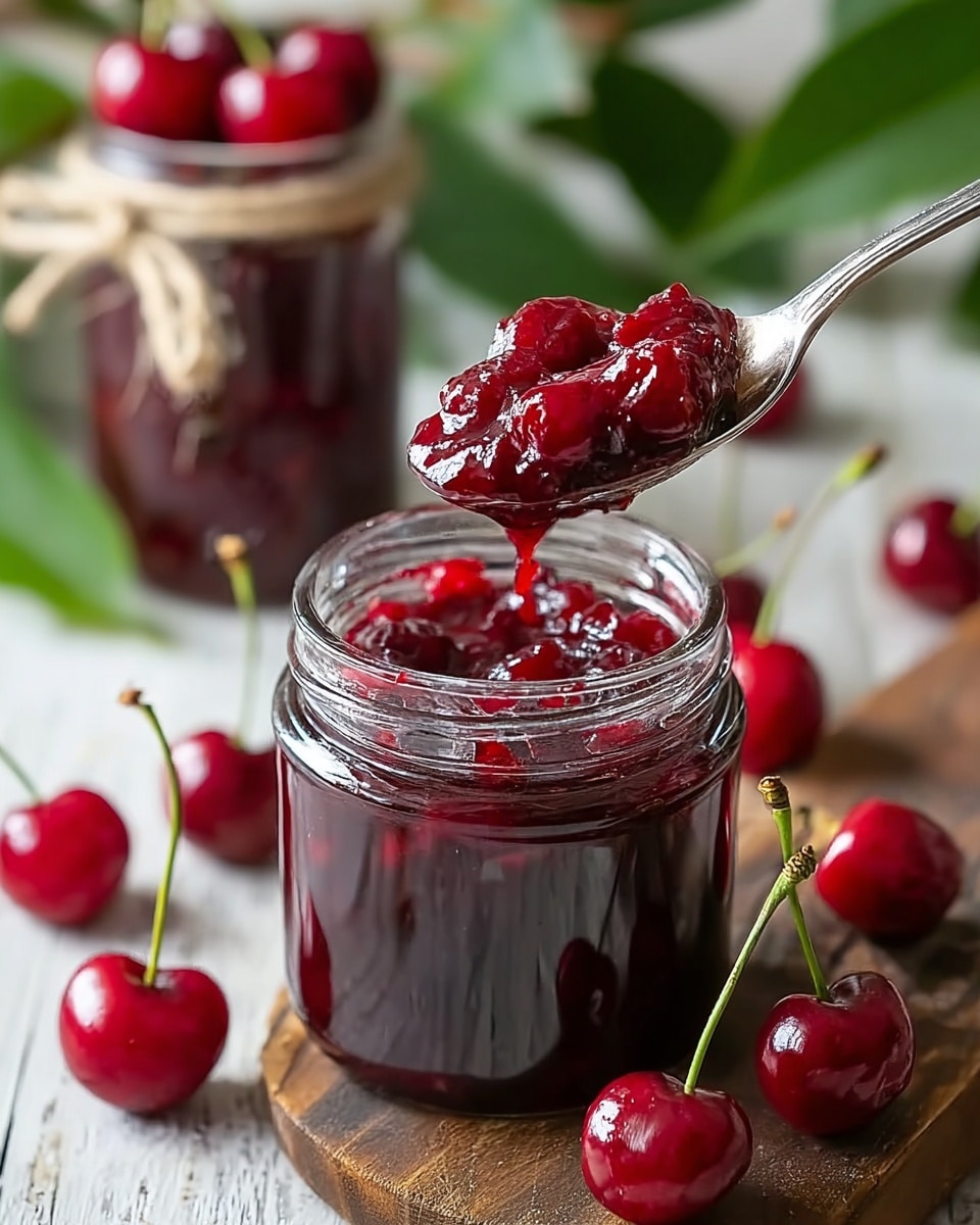 A glass jar filled with deep red cherry jam that has a shiny, chunky texture, showing whole cherries within; a silver spoon lifting some jam from the jar, capturing the soft, glossy, thick jam and cherries on the spoon, with bright red fresh cherries with green stems placed nearby on a wooden surface, all set against a soft-focused background with green leaves and a second jar tied with a rope, the whole scene resting on a white marbled texture. photo taken with an iphone --ar 4:5 --v 7