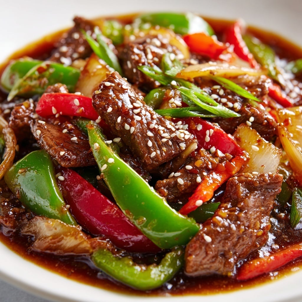 A close-up view of a dish in a white plate filled with glossy pieces of cooked brown beef mixed with bright green and red bell pepper slices and soft light brown onion wedges, all coated in a shiny dark brown sauce, sprinkled lightly with small sesame seeds. The textures show tender beef with a slightly wrinkled surface alongside smooth, slightly crispy peppers and soft onions, all sitting together in a rich, glistening sauce that catches the light. Photo taken with an iphone --ar 4:5 --v 7