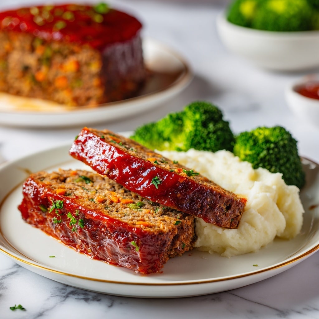 The image shows two thick slices of moist meatloaf topped with a shiny, red tomato glaze, revealing a textured inside with bits of green and orange vegetables. The meatloaf slices rest on a white plate with a thin gold rim, accompanied by a scoop of mashed white potatoes and a small bunch of bright green, steamed broccoli on the side. In the background, a blurred white plate holds the remaining meatloaf, showcasing the round shape and rich, glossy topping. The setting is on a white marbled surface with a close-up focus on the plated meatloaf. Photo taken with an iphone --ar 4:5 --v 7