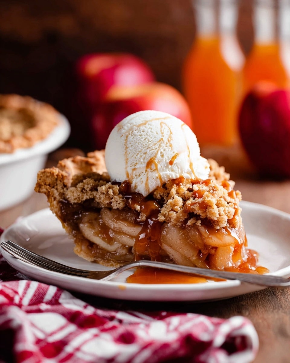 A slice of apple pie sits on a white plate, showing three main layers: a golden-brown crumbly crust at the bottom, a thick middle filled with soft, caramel-colored apple filling, and a crumbly brown topping with caramel sauce drizzled over it. On top of the pie is a round scoop of melting white vanilla ice cream with a smooth texture. A silver fork lies on the plate beside the slice. The background includes red apples and bottles with orange liquid, all placed on a wooden surface with a red and white checkered cloth nearby. Photo taken with an iphone --ar 4:5 --v 7