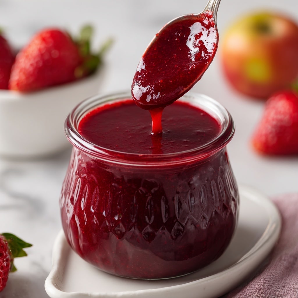 The image shows a clear glass jar filled with a reddish fruit juice that has a smooth texture, sitting on a white marbled surface. Around the jar, there are several fresh whole strawberries and two whole apples with red and yellow skin, one sitting on the surface and the other slightly behind the jar. The background includes a white bowl filled with more red apples and a blue and white checkered cloth partially visible. The lighting highlights the glossy surface of the fruits and the jar, making the colors vibrant and fresh. Photo taken with an iphone --ar 4:5 --v 7