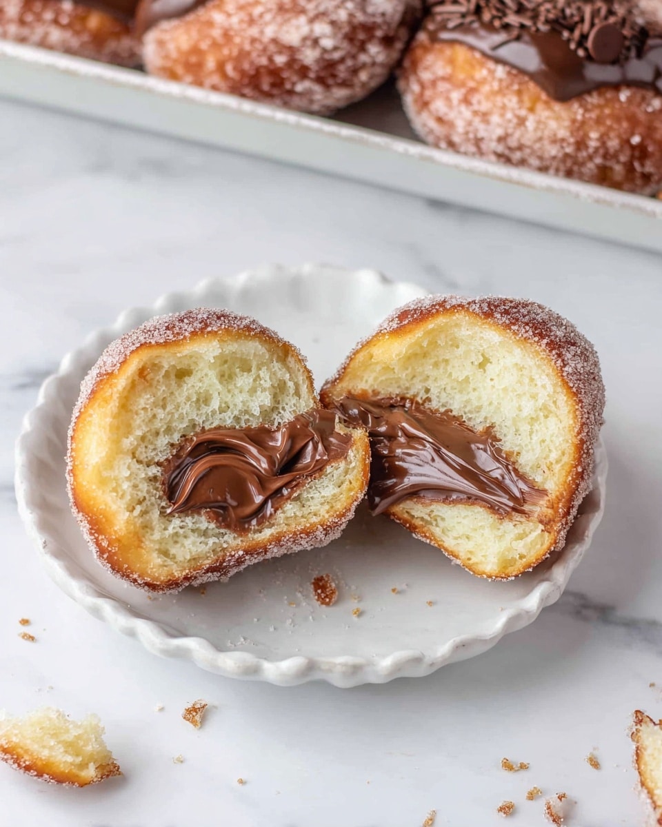 A white scalloped plate holds two halves of a doughnut cut open to show the inside. The doughnut has a light golden-brown outer layer covered in sugar and a soft, fluffy pale yellow inner layer. Inside, a thick, creamy, smooth dark chocolate filling is spread unevenly, oozing slightly from the cut edges. In the corner, part of a white tray is visible holding more sugared doughnuts with chocolate on top. The background is a clean white marbled surface with a few small crumbs scattered around. photo taken with an iphone --ar 4:5 --v 7