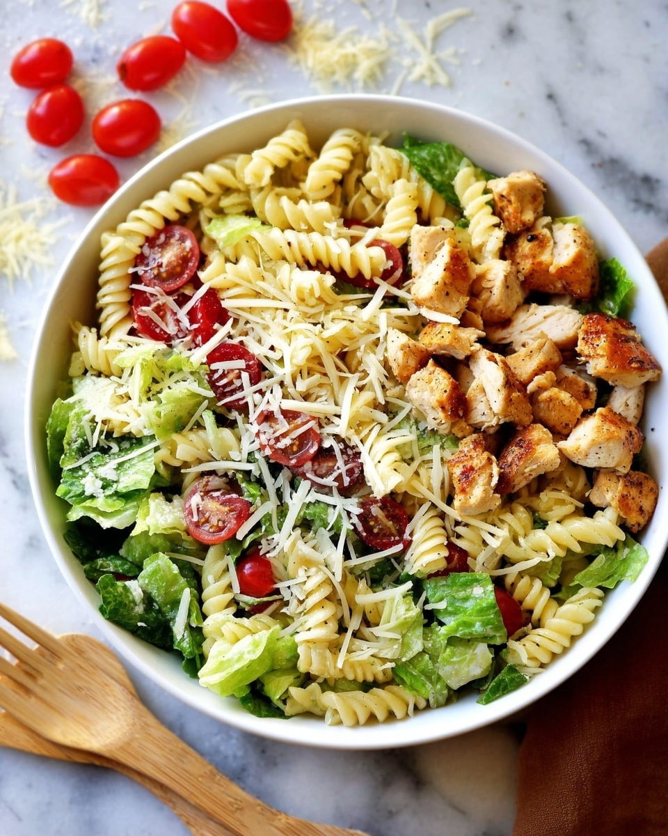 A white bowl filled with a colorful pasta salad sits on a white marbled surface, next to scattered cherry tomato halves and shredded cheese, with a wooden fork nearby. The salad has three main layers: a base layer of twisted, pale yellow rotini pasta; a middle layer of fresh, green romaine lettuce leaves mixed with bright red cherry tomato halves; and a top layer of golden-brown grilled chicken pieces sprinkled with fine, light beige shredded cheese. The textures vary from soft pasta and crisp lettuce to juicy tomatoes and tender chicken chunks, all mixed together. photo taken with an iphone --ar 4:5 --v 7