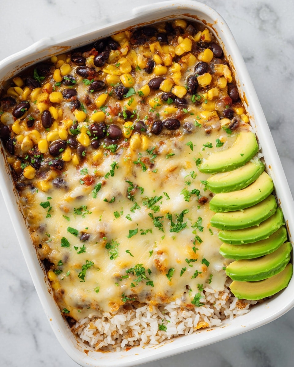 The image shows a white baking dish filled with a layered casserole. The bottom layer is a bed of white rice, topped with a mix of black beans and bright yellow corn kernels that are slightly roasted. Above this, melted cheese forms a creamy and gooey layer that spreads evenly across the top. There are small green herb pieces sprinkled over the cheese, adding a fresh contrast. In the corner of the dish, several slices of fresh green avocado are neatly arranged. The dish is set on a white marbled surface. photo taken with an iphone --ar 4:5 --v 7