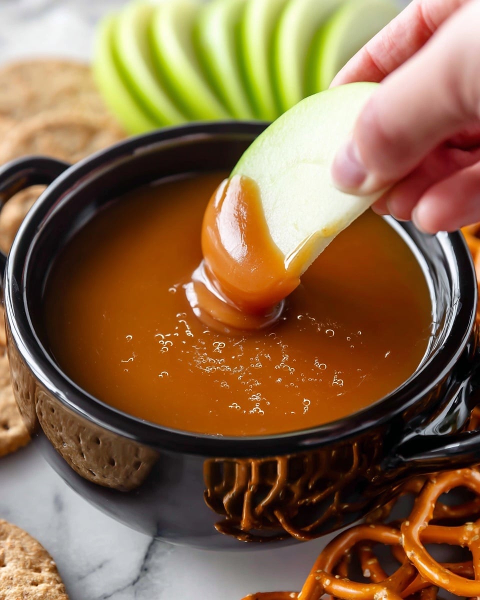 A close-up image shows a green apple slice being dipped into thick, smooth caramel sauce in a black bowl. The apple slice, held by a woman's hand with sparkly gold nail polish, dips into the rich, glossy caramel, covering about one-third of the apple’s edge. In the background, there are slices of green apple, golden-brown pretzels, and light brown crackers arranged neatly on a white marbled surface. The colors contrast well, with the shiny caramel's warm brown against the green apple and the neutral snacks. photo taken with an iphone --ar 4:5 --v 7