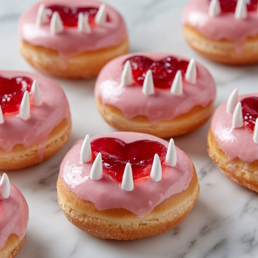 A group of round donuts with smooth, shiny pink glaze sits on a white marble surface. Each donut is topped with red jelly, some dripping down the side to create a heart shape in the center. On two of the donuts, white pointed candy teeth are placed at the top of the jelly, giving a spooky yet playful look. The donuts have a golden-brown base showing under the pink layer. The overall feel is neat, with the donuts arranged in a slightly messy cluster. Photo taken with an iphone --ar 4:5 --v 7