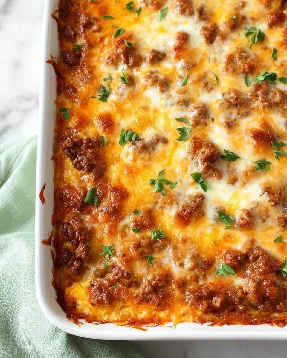 A white plate holds a square piece of a layered dish, with three visible layers: the bottom layer is crumbly cooked sausage in light brown, the middle layer is creamy scrambled eggs in pale yellow, and the top layer is melted golden-brown cheese with a lightly crispy texture, garnished with small green parsley pieces. In the blurred background, there are white bowls with cut yellow fruit and dark grapes, placed on a white marbled surface with a pale green cloth underneath the plate on the front edge. photo taken with an iphone --ar 4:5 --v 7