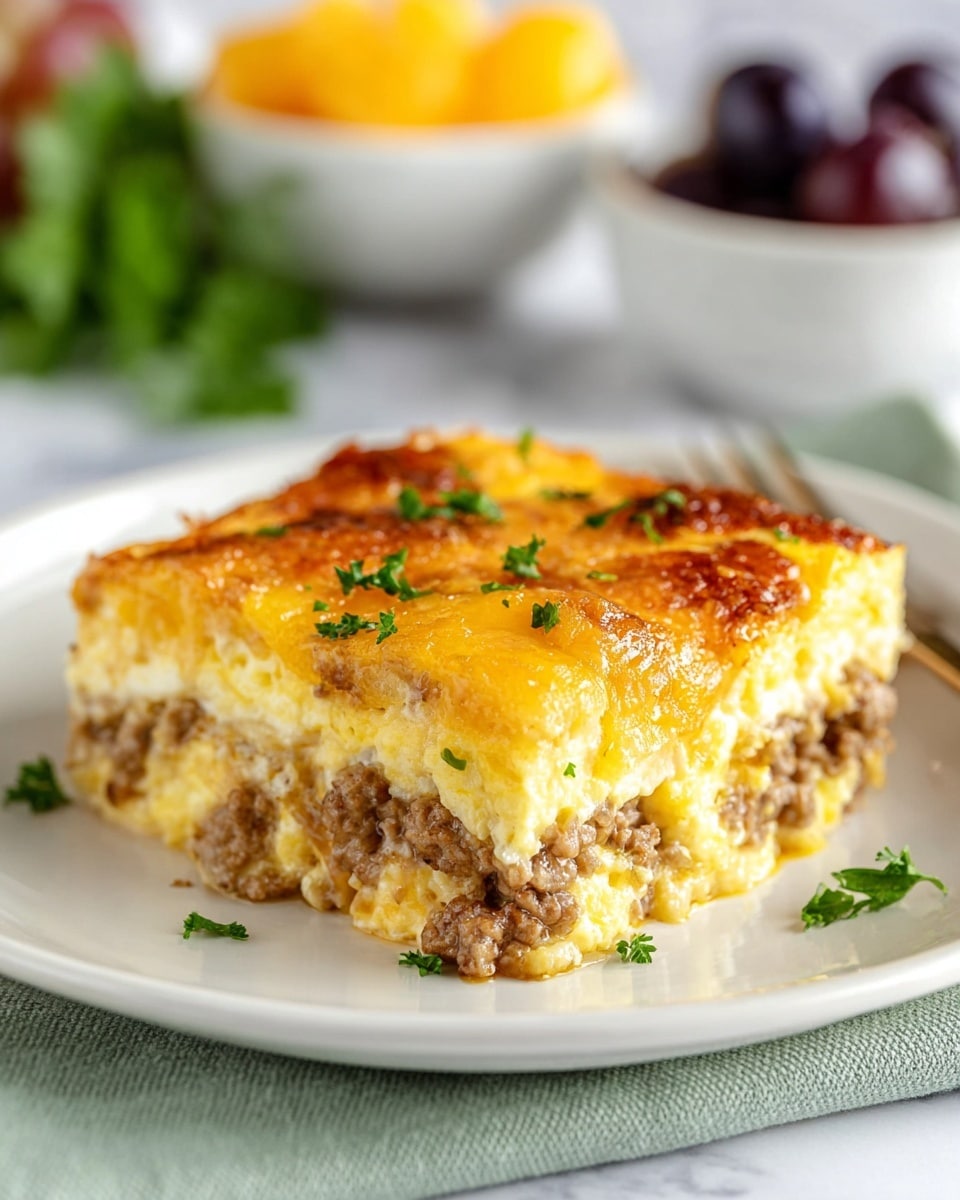 The image shows a close-up of a baked casserole in a white rectangular dish. The top layer is golden brown melted cheese mixed evenly with browned bits of cooked ground meat, giving a textured and slightly bubbly surface. Small pieces of fresh green herbs are scattered on top for color contrast. The edges of the dish show some crispy browned cheese where it meets the white sides. The casserole looks thick with layers underneath the cheese not visible, suggesting a rich, dense filling. The dish is placed on a white marbled surface with a light green cloth nearby. photo taken with an iphone --ar 4:5 --v 7