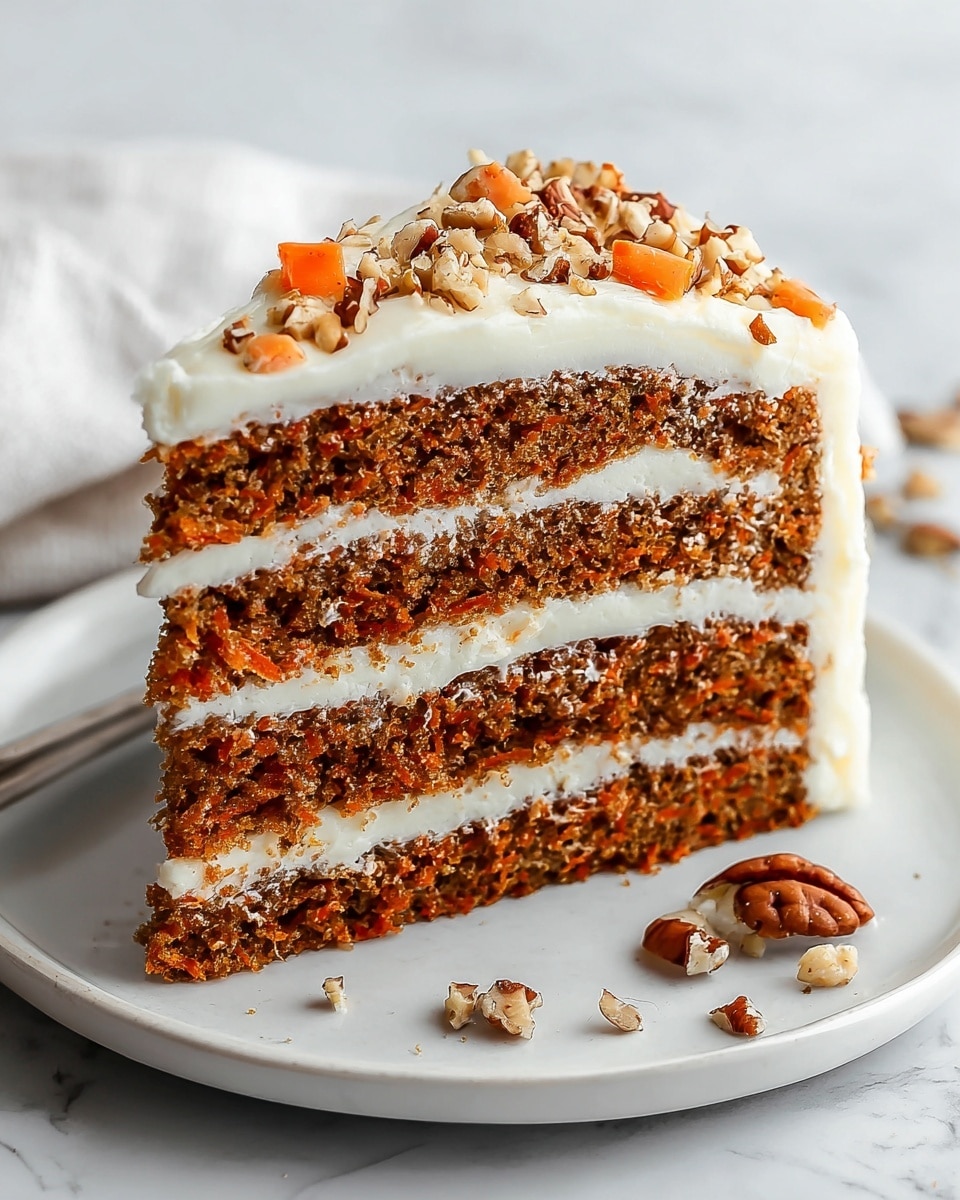 A slice of three-layer carrot cake is shown on a white plate placed on a white marbled surface. Each layer of moist carrot cake is dark orange-brown with visible small bits of carrot. Between each cake layer is a thick, smooth, creamy white frosting layer. The top of the cake slice has a thick layer of the same white frosting, sprinkled with chopped pecans and small orange carrot bits. A few whole pecan pieces and crumbs are scattered on the plate around the slice. The photo is clear and bright, taken with an iphone --ar 4:5 --v 7