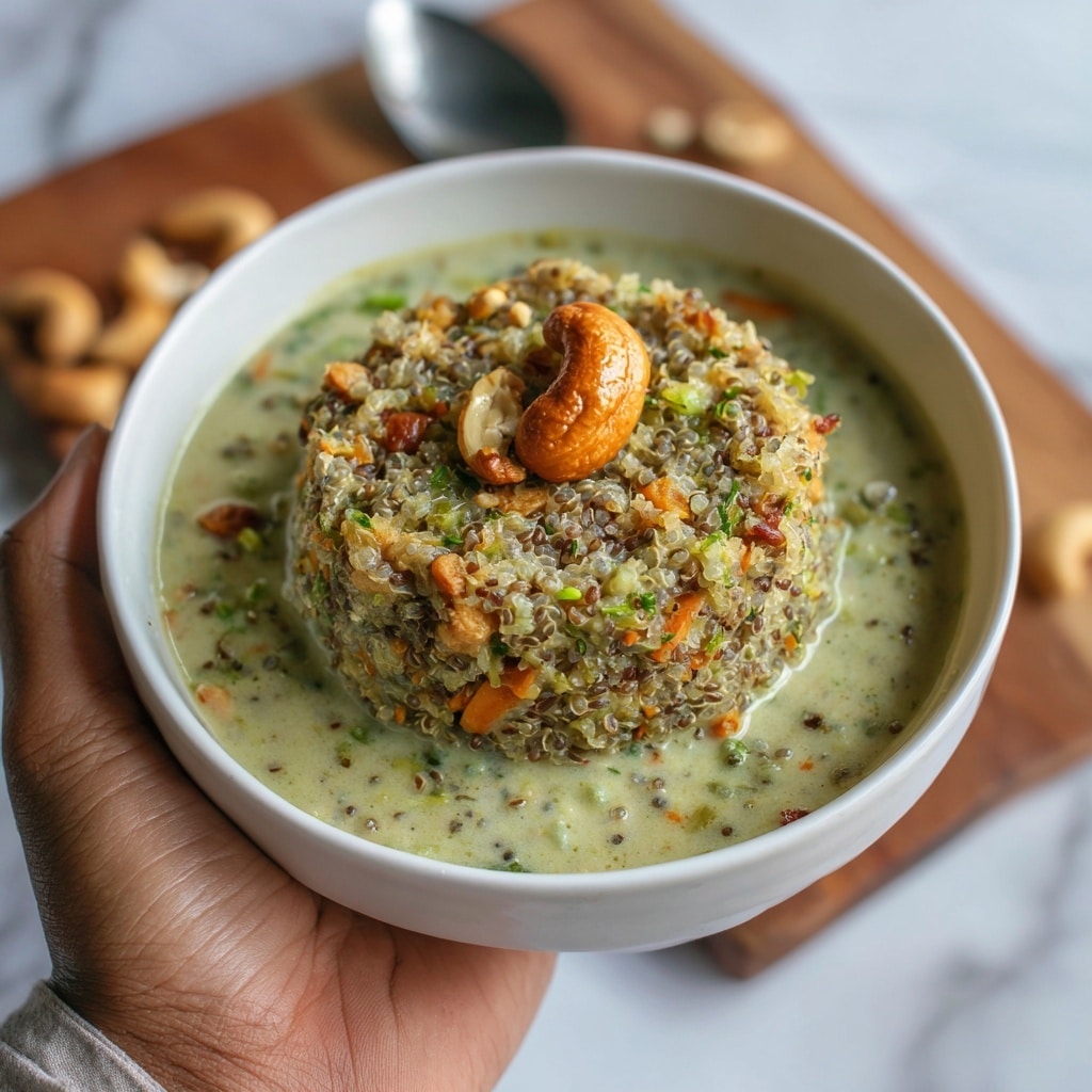 A dome-shaped mound of ragi upma with a coarse texture and reddish-brown color is placed in the center of a white bowl filled with a thin, creamy pale yellow sauce dotted with black mustard seeds. The upma shows visible bits of orange carrot and small pieces of onions mixed in, and it is topped with two glossy light brown cashew nuts and a small piece of orange carrot in the middle. The bowl is set on a white marbled surface, and the overall look is neat and appetizing. photo taken with an iphone --ar 4:5 --v 7