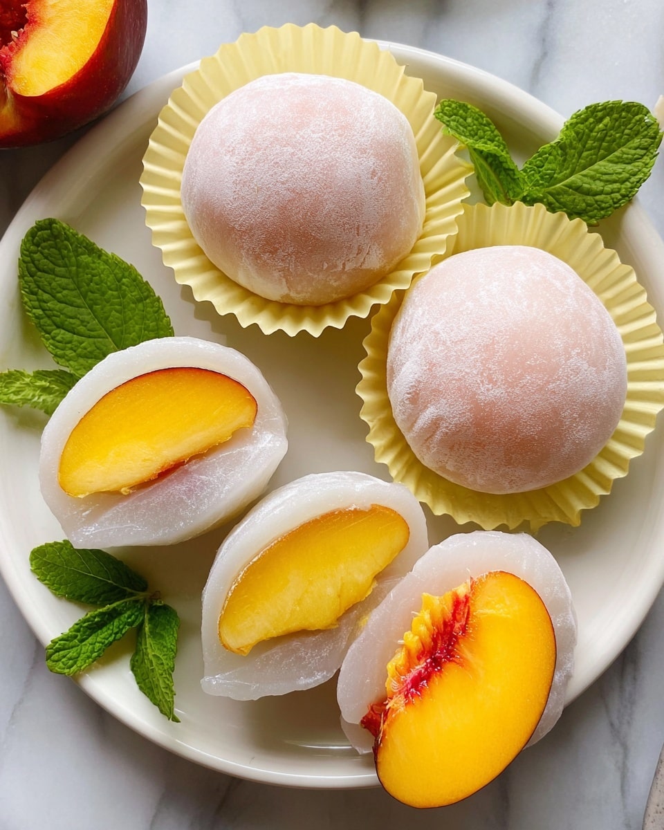 On a white plate, there are two whole mochi balls placed on light yellow paper cups, each mochi showing a soft, pale pink dough layer with a slightly powdery texture. Next to them are two halved mochi pieces, revealing a bright yellow peach slice inside wrapped by a translucent white mochi dough layer with a smooth texture. The peach halves have a deep reddish-brown skin and juicy interior. Fresh green mint leaves are placed beside the mochi halves, adding a pop of color. The dish is set on a white marbled surface. photo taken with an iphone --ar 4:5 --v 7