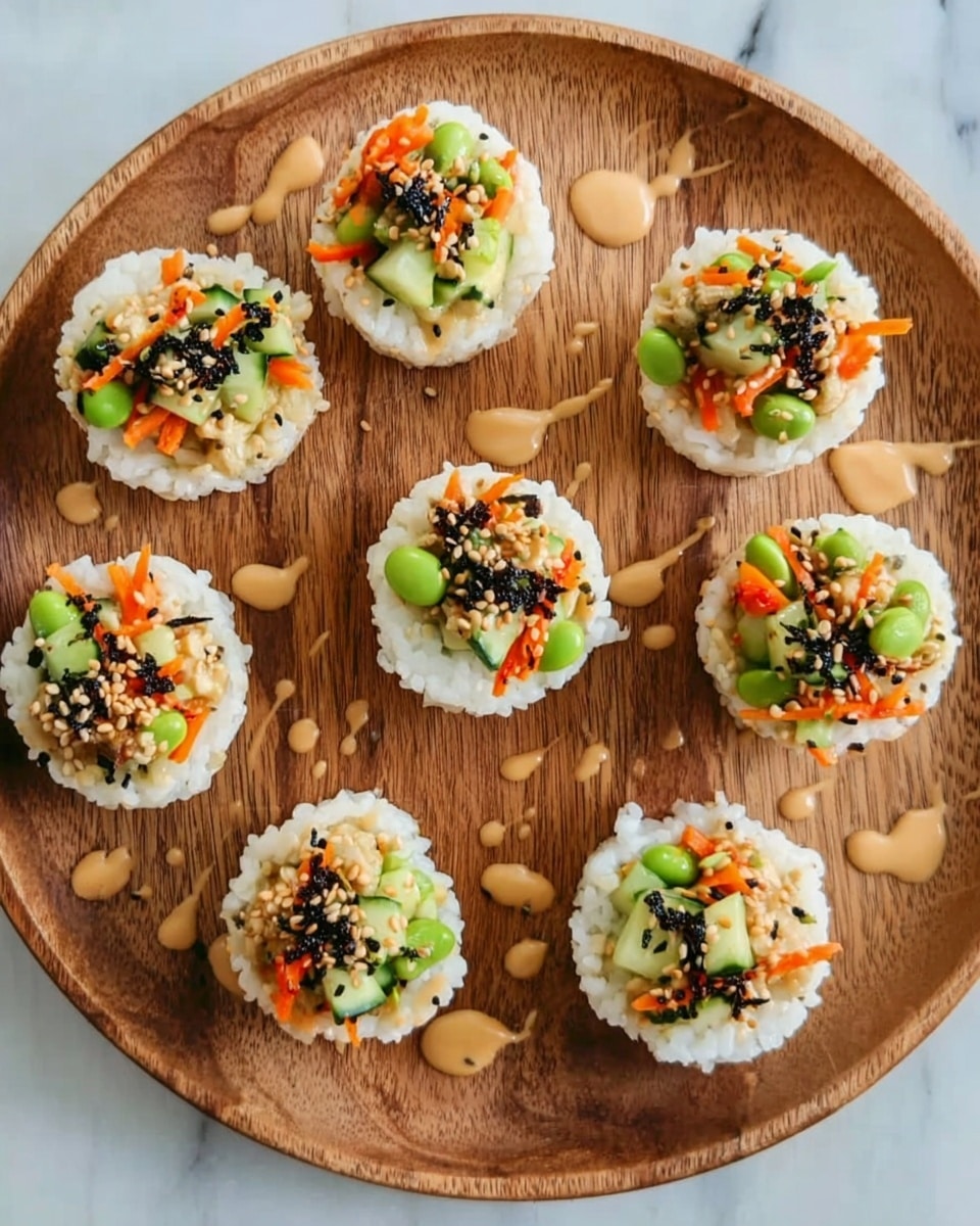 The image shows eight small sushi cups arranged in a circle on a round wooden board. Each sushi cup has a white rice base shaped like a cup, filled with mixed colorful toppings including bright green edamame, thin orange carrot strips, light green cucumber pieces, and small pieces of dark seaweed. The sushi cups are sprinkled with black sesame seeds and drizzled with a light brown creamy sauce on top and around the wooden board. The surface beneath the wooden board is a white marbled texture. photo taken with an iphone --ar 4:5 --v 7