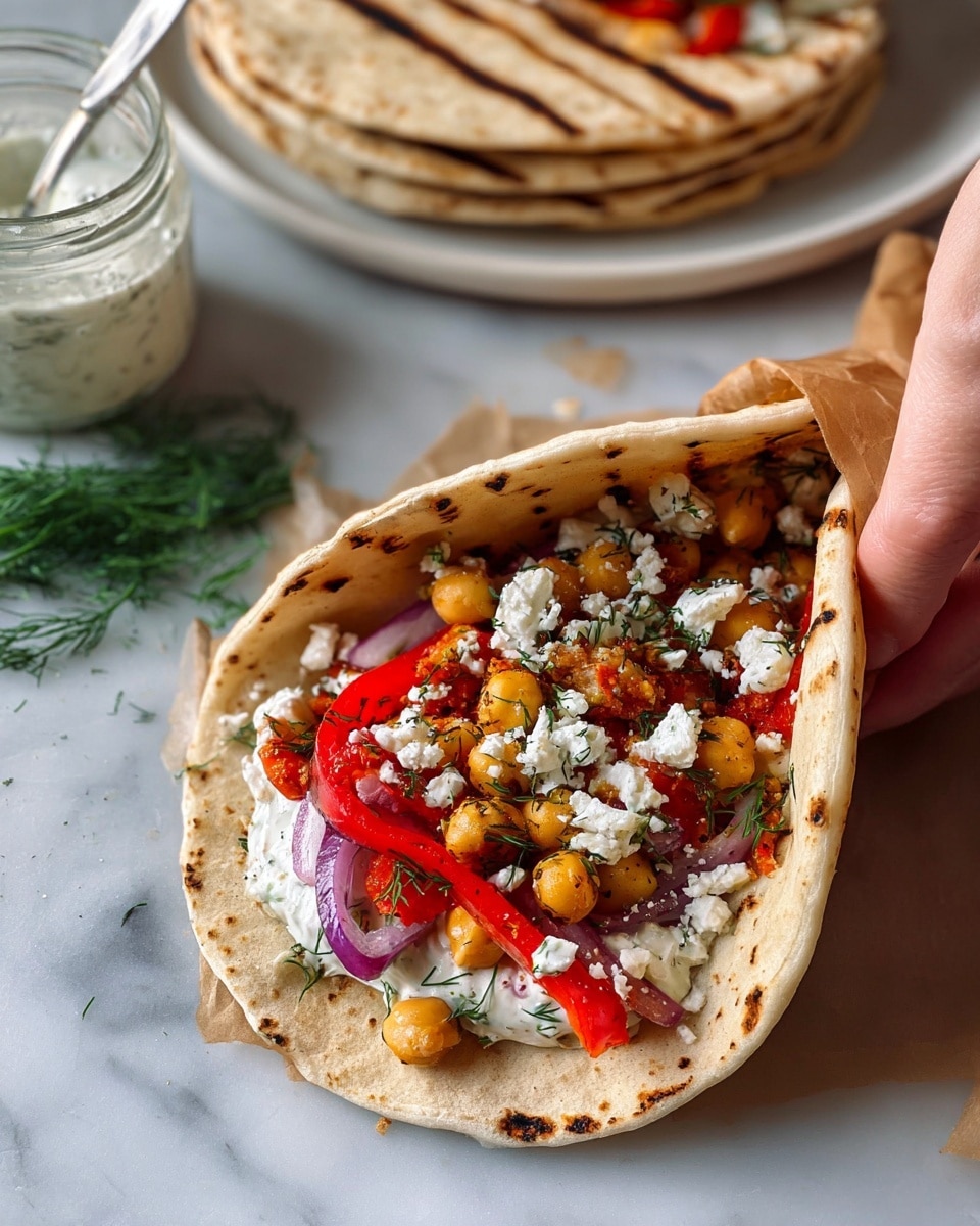 The image shows a soft, round pita bread with light brown grill marks, opened and filled with several colorful layers. The base layer is a creamy white sauce spread inside the pita, topped with light golden chickpeas scattered evenly. Bright red roasted bell pepper slices and thin, slightly translucent purple onion strips add vibrant color on top. Crumbled white feta cheese and small green dill sprigs are sprinkled over the filling, adding texture and freshness. A woman's hand is gently holding the side of the pita, lifting it slightly. In the background, a stack of similar pitas and a white plate with a glass jar of creamy white sauce and a bunch of dill rest on a white marbled surface. Photo taken with an iphone --ar 4:5 --v 7
