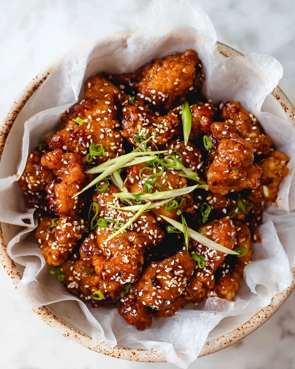 A bowl lined with white parchment paper holds many pieces of golden-brown, crispy chicken coated in a shiny, sticky sauce. The chicken pieces are sprinkled generously with white sesame seeds, adding texture and contrast. Thin, long strips of fresh green onions are scattered on top, giving a touch of bright green color. The bowl is white with brown speckles, and the scene is set on a white marbled surface. photo taken with an iphone --ar 4:5 --v 7