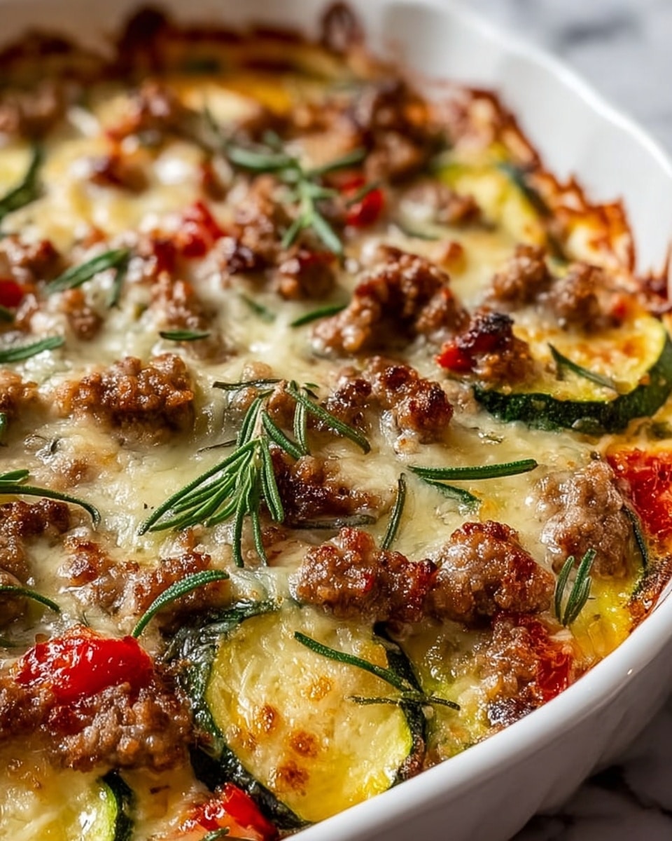 A close-up view of a baked casserole in a white dish, showing multiple layers including browned ground meat chunks in golden melted cheese, bright green zucchini slices, and small pieces of red tomato, all topped with fresh green rosemary leaves. The dish has a slightly crisp and bubbly texture on top with melted cheese spreading over the ingredients. The background is a white marbled surface. photo taken with an iphone --ar 4:5 --v 7