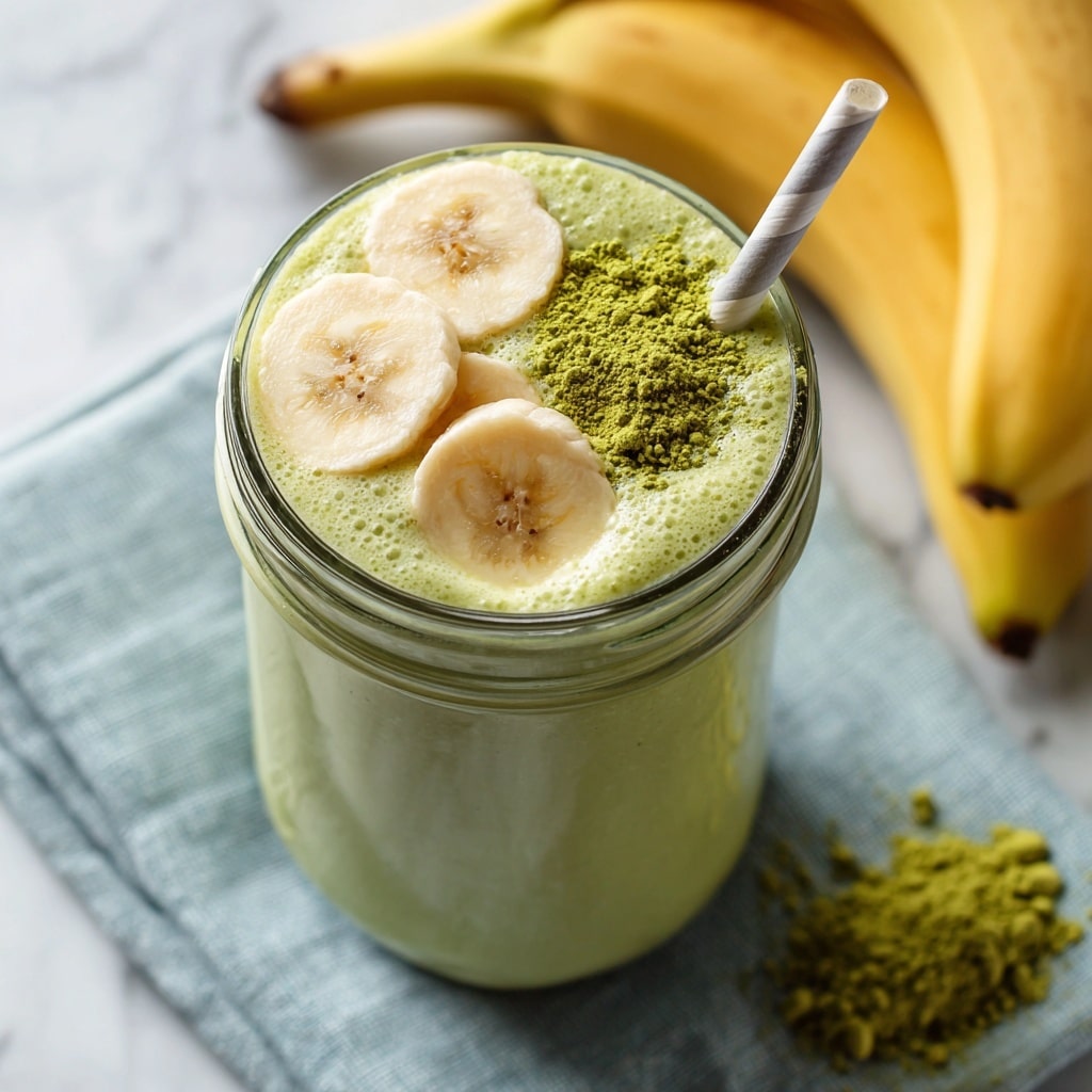 A clear glass filled with a thick, pale green smoothie sits centered on a white marbled surface, topped with a small mound of bright green powder and garnished with a single banana slice on the rim. To the right, two whole bananas rest beside a light wooden matcha whisk, all arranged neatly on the white marbled texture. A small pile of the bright green powder is scattered casually near the glass on the surface, adding a touch of natural vibrance to the scene. The background features soft natural light filtering through sheer white curtains, giving the entire setting a fresh and calm atmosphere. photo taken with an iphone --ar 4:5 --v 7