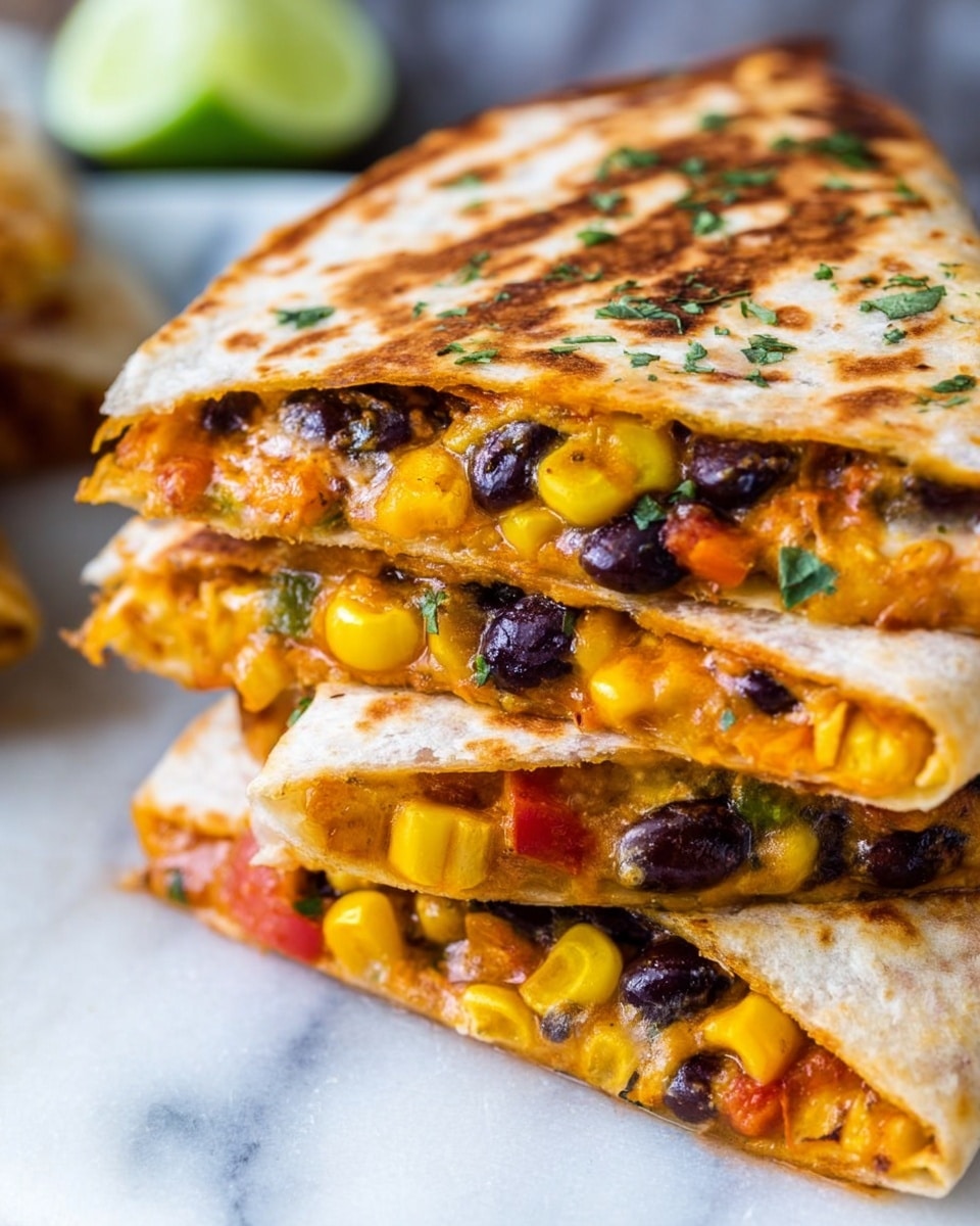 This image shows a close-up of a folded tortilla wrap cut into three pieces, arranged in a row on a wooden board. The wrap's outer layer is golden brown and slightly crispy, with clear grill marks. Inside, the layers are colorful and textured: bright yellow corn kernels, black beans, orange shredded carrot, and small chunks of red bell peppers mixed with green herbs and some melted cheese, creating a vibrant and fresh look. The background includes a blurry blue fabric and some scattered cilantro leaves on the wooden surface. Photo taken with an iphone --ar 4:5 --v 7