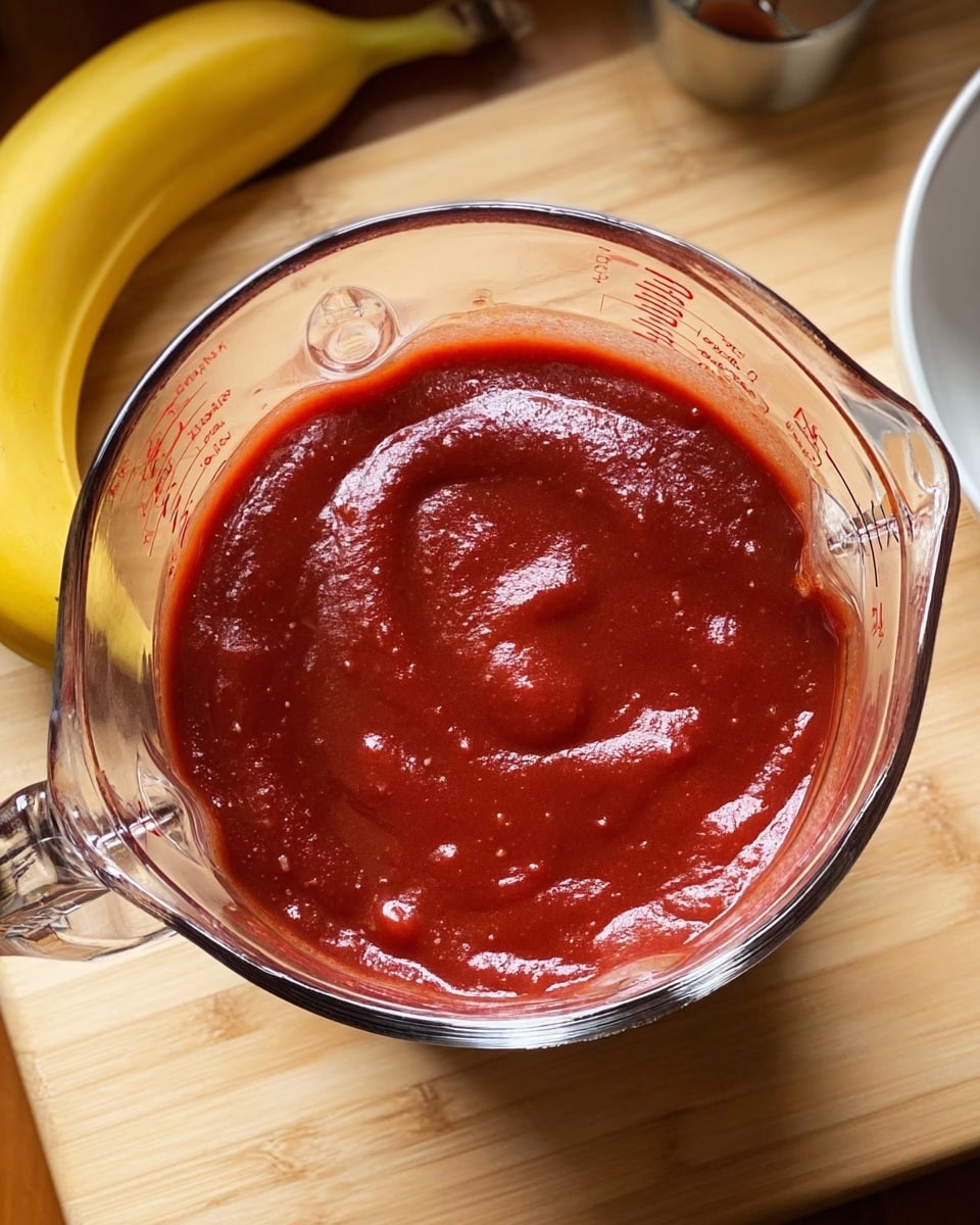 A clear glass measuring cup filled with smooth, thick, deep red sauce with a shiny surface and slight swirl marks on top, sitting on a light wooden surface, with a yellow banana in the background and a white bowl partially visible in the top right corner. Photo taken with an iphone --ar 4:5 --v 7