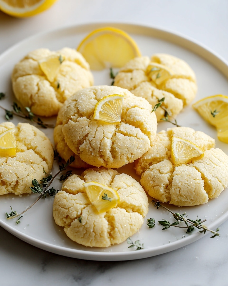The image shows a white plate on a white marbled surface holding several lemon cookies. Each cookie has a rough, cracked texture and is pale yellow in color. The cookies have deep cuts forming an X pattern on top, with a small piece of lemon placed in the center of each one. Fresh green thyme sprigs rest on top of some cookies, adding a touch of green color. The bright yellow lemon wedges scattered around enhance the fresh, citrus look. The photo taken with an iphone --ar 4:5 --v 7