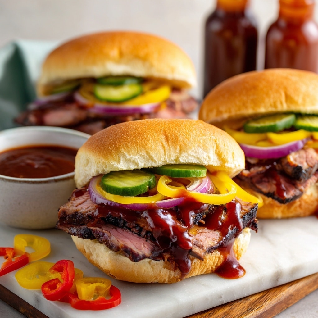 The image shows a close-up of a BBQ brisket sandwich with three layers of tender, sliced dark brown smoked meat as the base, topped with a rich dark red BBQ sauce dripping down the sides. On top of the meat are thin rings of purple onion, bright yellow sliced bell peppers, and green pickles layered evenly. The sandwich is held together by a golden brown soft bun with a slightly glossy and textured top. The sandwich rests on white parchment paper on a white marbled surface, with two more similar sandwiches blurred in the background, some colorful bell pepper slices on the side, and bottles of BBQ sauce nearby. Photo taken with an iphone --ar 4:5 --v 7