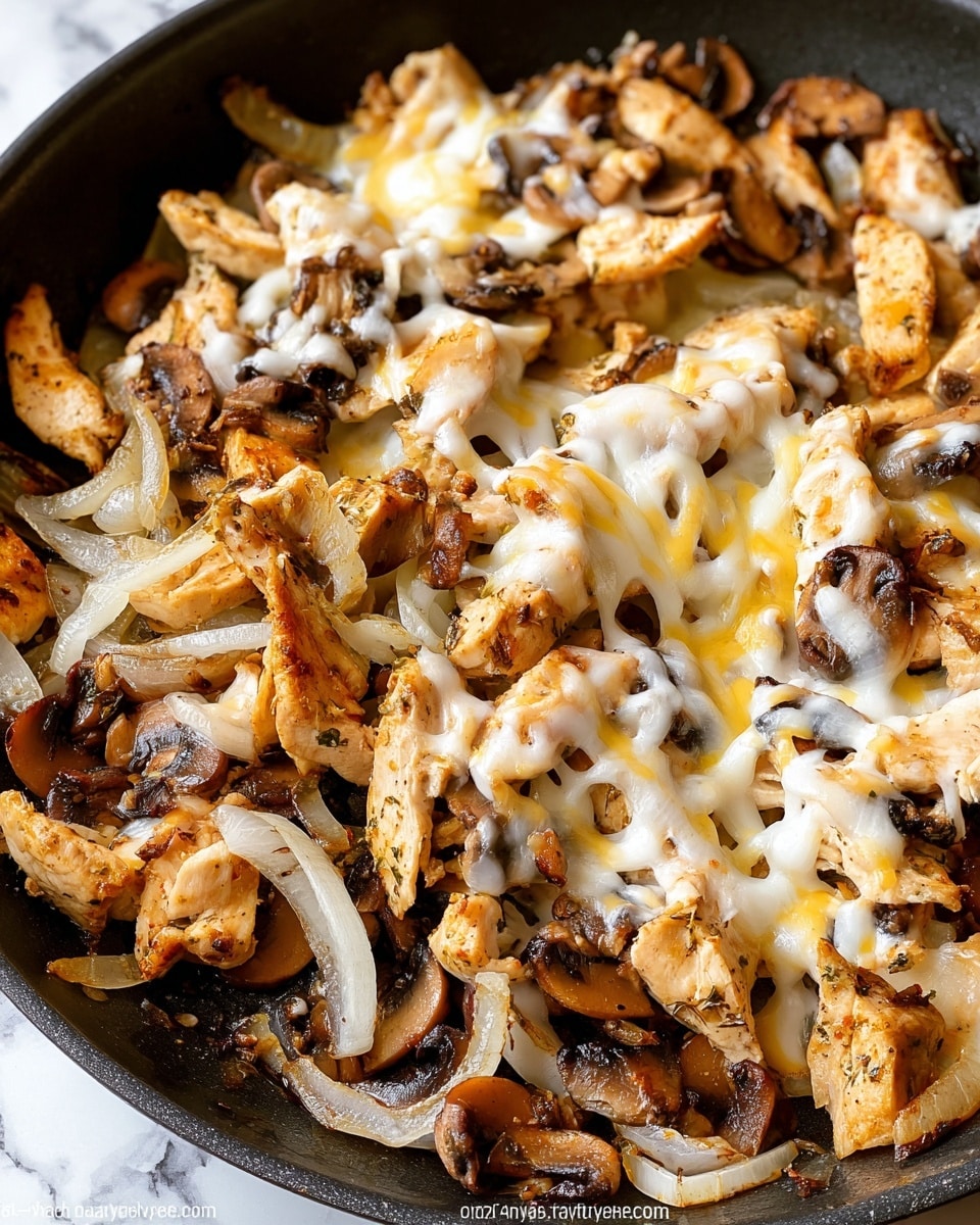The image shows a close-up view of a cooked dish in a black pan on a white marbled surface. The dish has a base layer of sliced brown mushrooms scattered across the pan, giving a soft textured look. On top, there are many pieces of cooked chicken with a light tan color and some golden-brown spots. Mixed with the chicken are thin slices of cooked white onions, adding a smooth, pale layer. Covering parts of the dish is melted cheese with creamy white and yellow hues, slightly gooey in texture, and spread unevenly over the top, blending the ingredients together. photo taken with an iphone --ar 4:5 --v 7