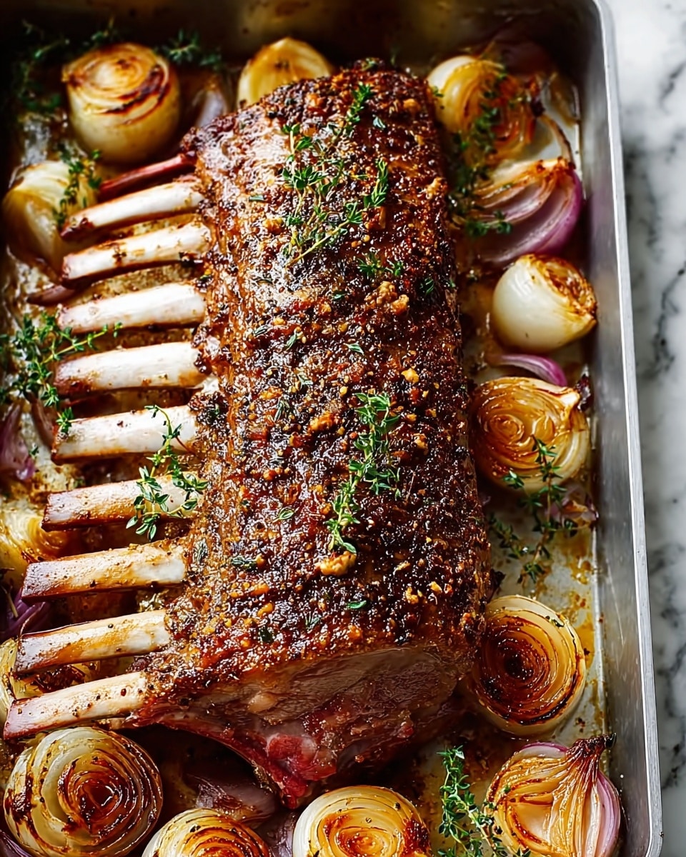 A roasted rack of lamb with eight visible bones is laid out in a metal roasting pan, showing a crusty, dark brown, and peppery spice coating on the meat’s surface. The lamb is garnished with small sprigs of fresh green thyme scattered on top and around. The pan also contains golden brown, caramelized onion halves with a slightly translucent texture and a reddish hue on a few, arranged closely along the edges. The background surface is white with a marbled texture, adding a clean and bright setting to the rich colors of the dish. photo taken with an iphone --ar 4:5 --v 7