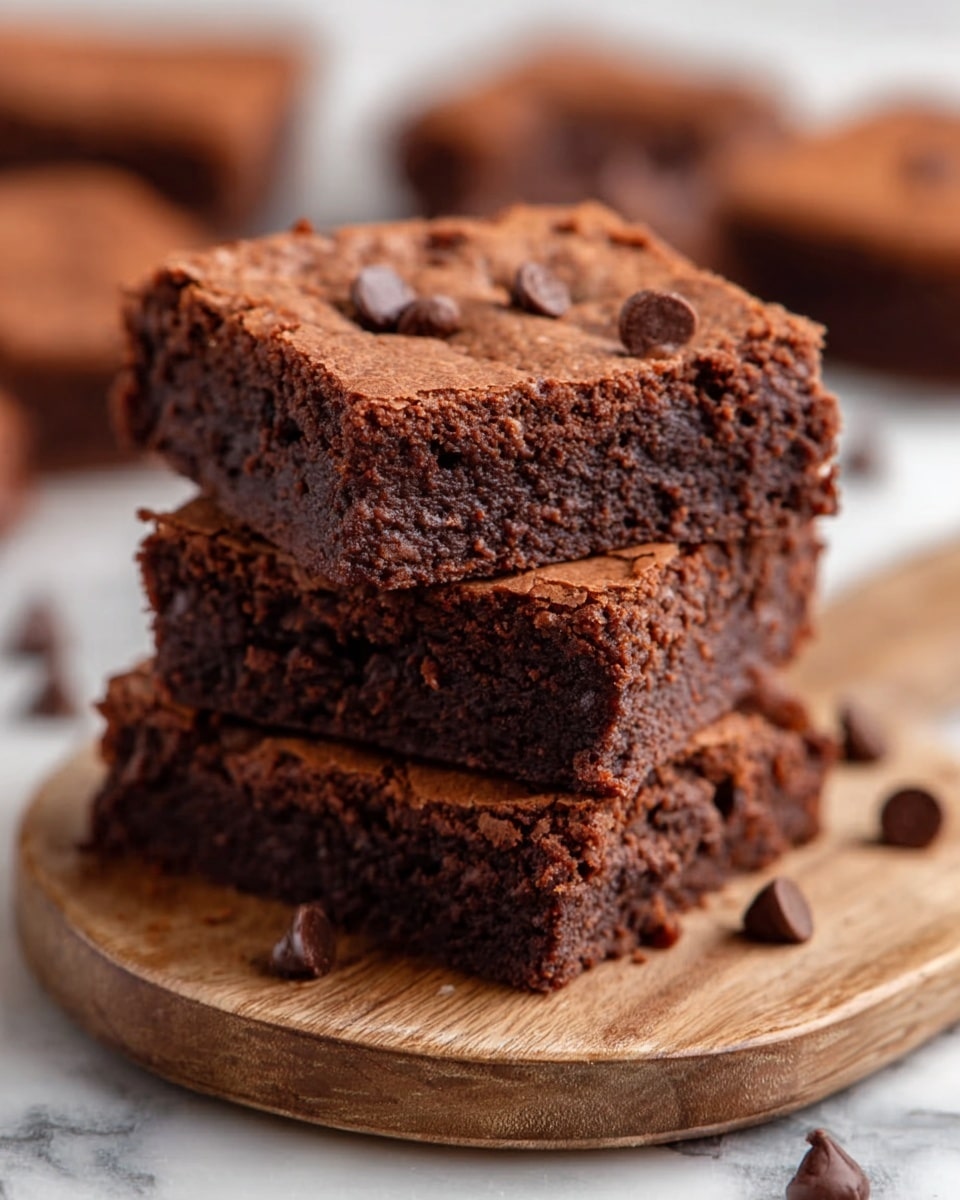 The image shows three thick square brownies stacked neatly on a round wooden cutting board placed on a white marbled surface. Each brownie layer looks dense and fudgy with a rich dark brown color and a slightly cracked top sprinkled with a few chocolate chips. The edges appear slightly crisp, contrasting with the moist, soft texture inside. In the background, several more brownies are scattered, slightly out of focus. photo taken with an iphone --ar 4:5 --v 7
