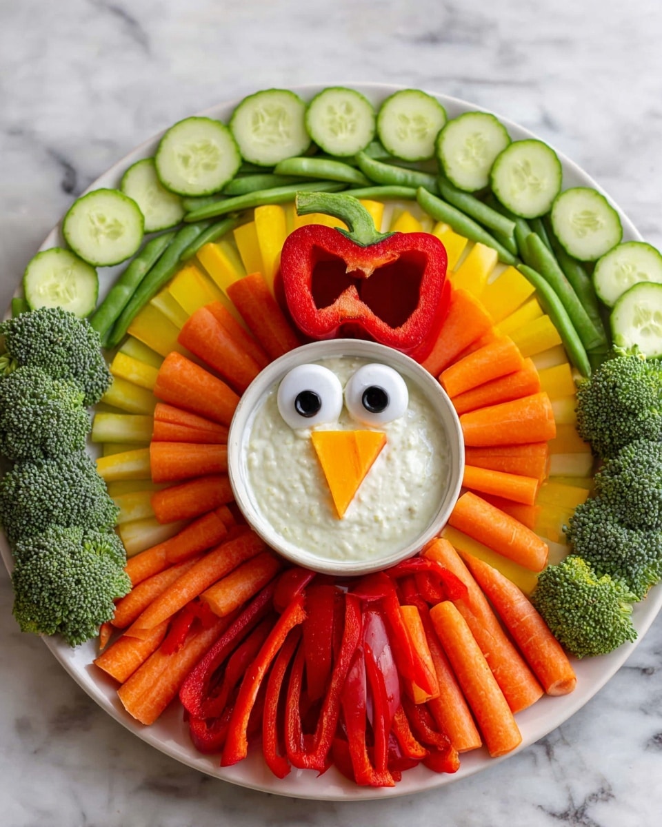 A white plate holds a colorful vegetable tray shaped like a turkey. The outer layer is made of evenly sliced green cucumber rounds, followed by a row of bright orange baby carrots. Inside this is a layer of yellow bell pepper strips, then a row of red bell pepper strips, and a close circle of dark green broccoli florets. Near the center, green sugar snap peas curve around a small white bowl filled with creamy white dip. On top of the bowl, a red bell pepper is cut and arranged to look like a turkey’s head with two large white and black eyes, a small orange carrot piece for the beak, and a thin yellow strip for the wattle. The whole scene sits on a white marbled surface. Photo taken with an iphone --ar 4:5 --v 7