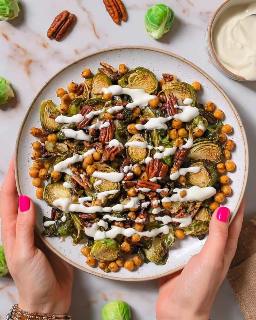 Baked Brussels Sprouts Salad with Chickpeas, Pecans, and Creamy Maple-Dijon Dressing Recipe