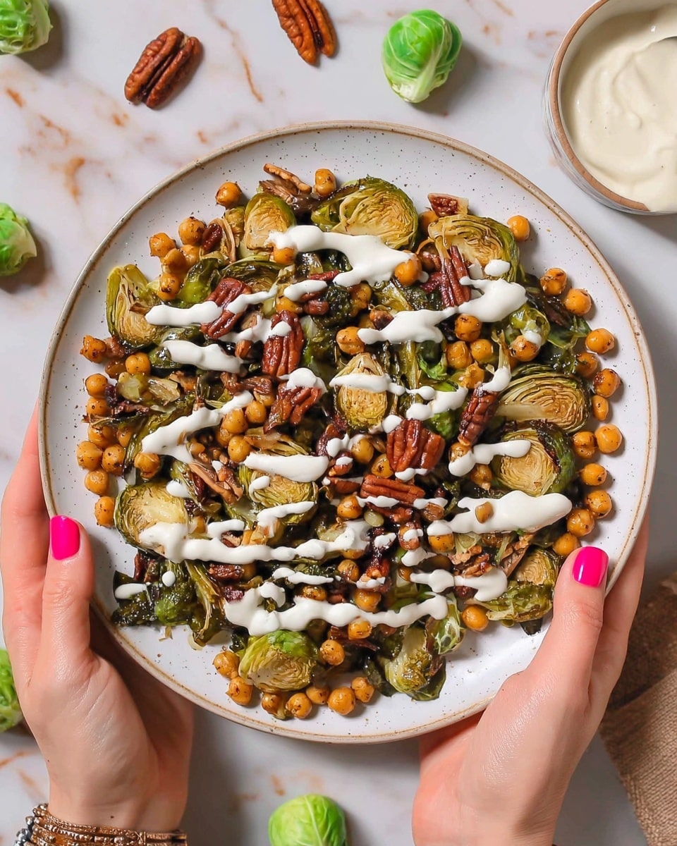 A white plate is filled with a mix of roasted Brussels sprouts cut in halves with a slightly charred green and brown texture, roasted chickpeas that are golden brown and crunchy-looking, and pecans with a rich brown color and wrinkled surface, all topped with a drizzle of creamy white sauce scattered unevenly on top. The plate is held by two woman's hands with bright pink nail polish. The background is a white marbled texture with some loose pecans and fresh green Brussels sprouts around. Photo taken with an iphone --ar 4:5 --v 7