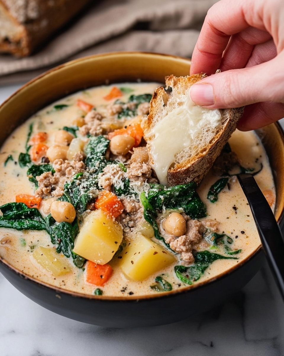A white pot filled with a thick creamy soup containing small orange carrot cubes, yellow corn kernels, green spinach leaves, and small bits of white cauliflower. A woman’s hand is holding a light wooden spoon stirring the soup. The background shows a white marbled surface. Photo taken with an iphone --ar 4:5 --v 7