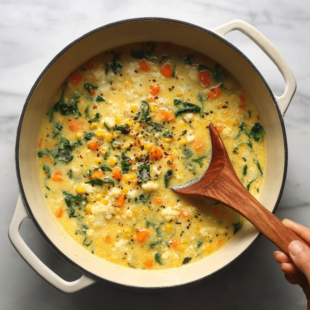 A close-up view of a creamy soup filled with chunky ingredients served in a white bowl; the soup has a thick beige base with visible layers of dark green leafy spinach, light brown cooked ground meat, pale chickpeas, bright orange carrot cubes, and small yellow potato pieces scattered throughout. A woman's hand is dipping a piece of rustic bread with a spread of melted butter into the soup, showing soft texture and light brown crust. A black spoon is partially submerged in the soup on the right side of the bowl, all placed on a white marbled surface. photo taken with an iphone --ar 4:5 --v 7