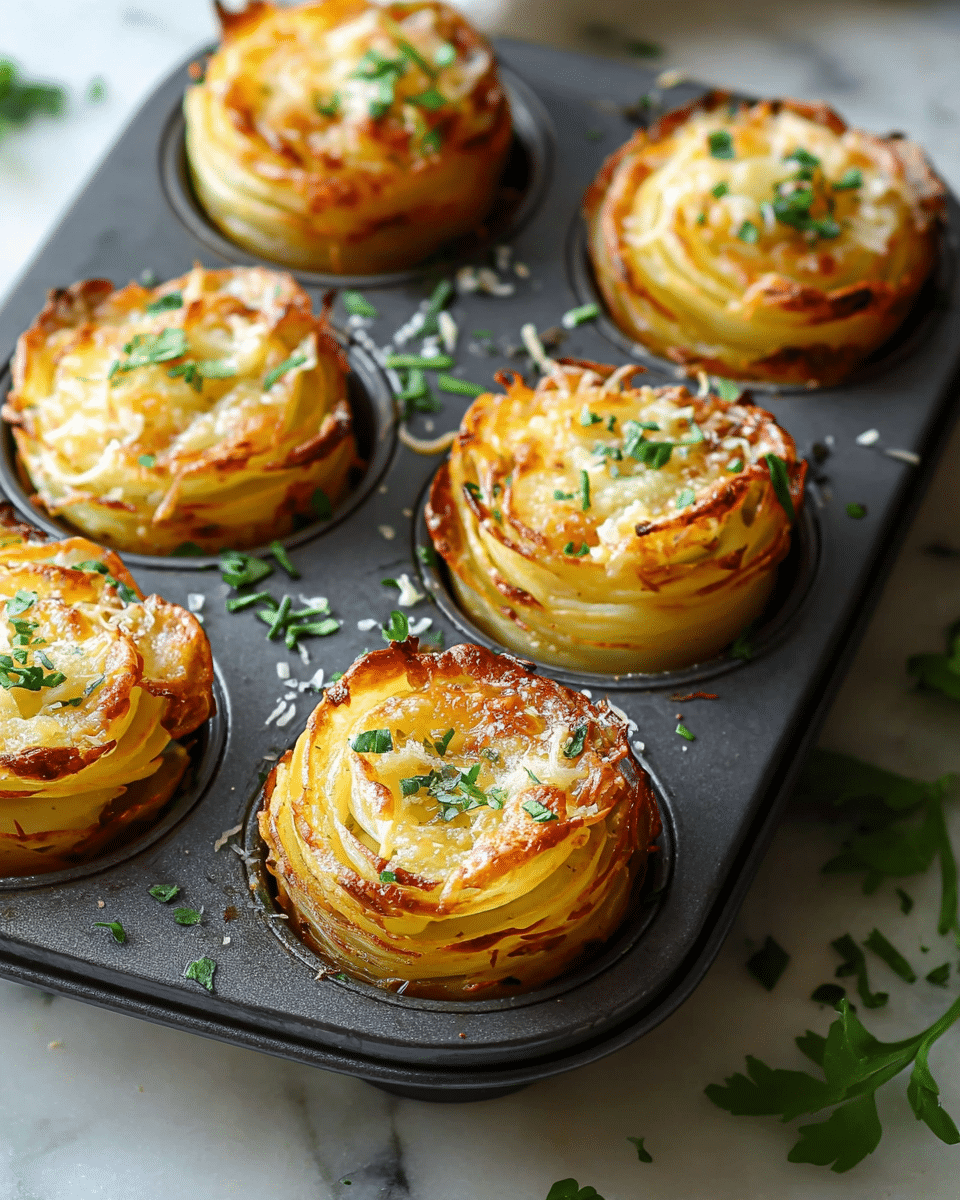 The image shows a dark gray muffin pan filled with eight golden brown potato nests, each about three layers high with thin, spiral-cut potato slices stacked to form round nests. The tops of the nests are crispy and slightly browned, sprinkled with melted cheese and small green herb pieces for garnish. The muffin pan is placed on a white marbled surface, and some scattered fresh herb leaves are visible around the pan, adding a touch of green contrast. The overall look is warm and appetizing, with a clear focus on the texture and layers of the potato nests. photo taken with an iphone --ar 4:5 --v 7