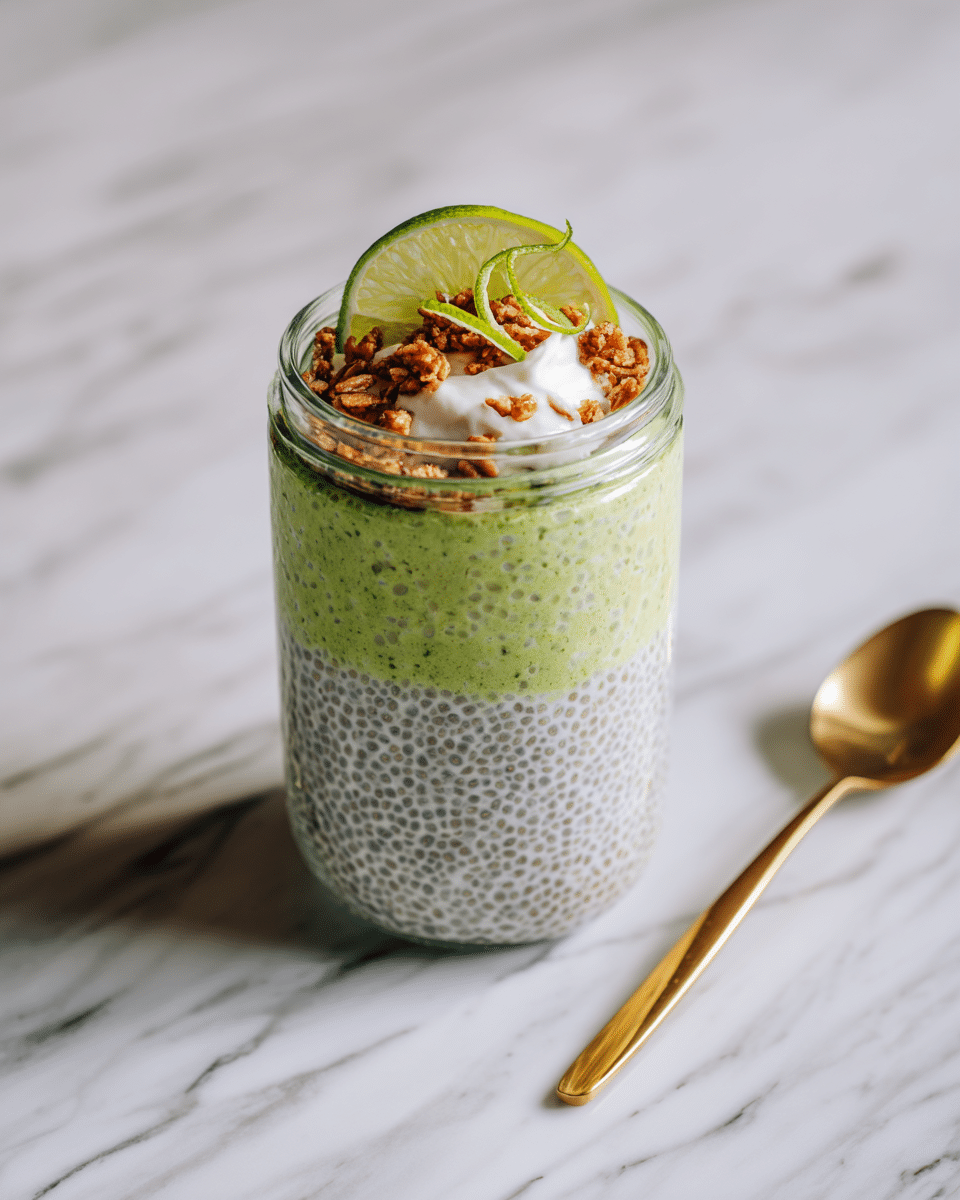 A clear glass jar contains a layered chia pudding with three main layers: the bottom and top are a light green pudding with visible chia seeds giving a speckled texture, while the middle layer is a white chia pudding with dark chia seeds mixed in, creating a dotted look. On top of the jar is a small white cream dollop, sprinkled with small brown crunchy granola pieces, and garnished with a thin lime wedge and a few curly lime peel strips placed in the center. The jar is placed on a white marbled surface, and a shiny gold spoon lies flat nearby on the right side of the jar. photo taken with an iphone --ar 4:5 --v 7