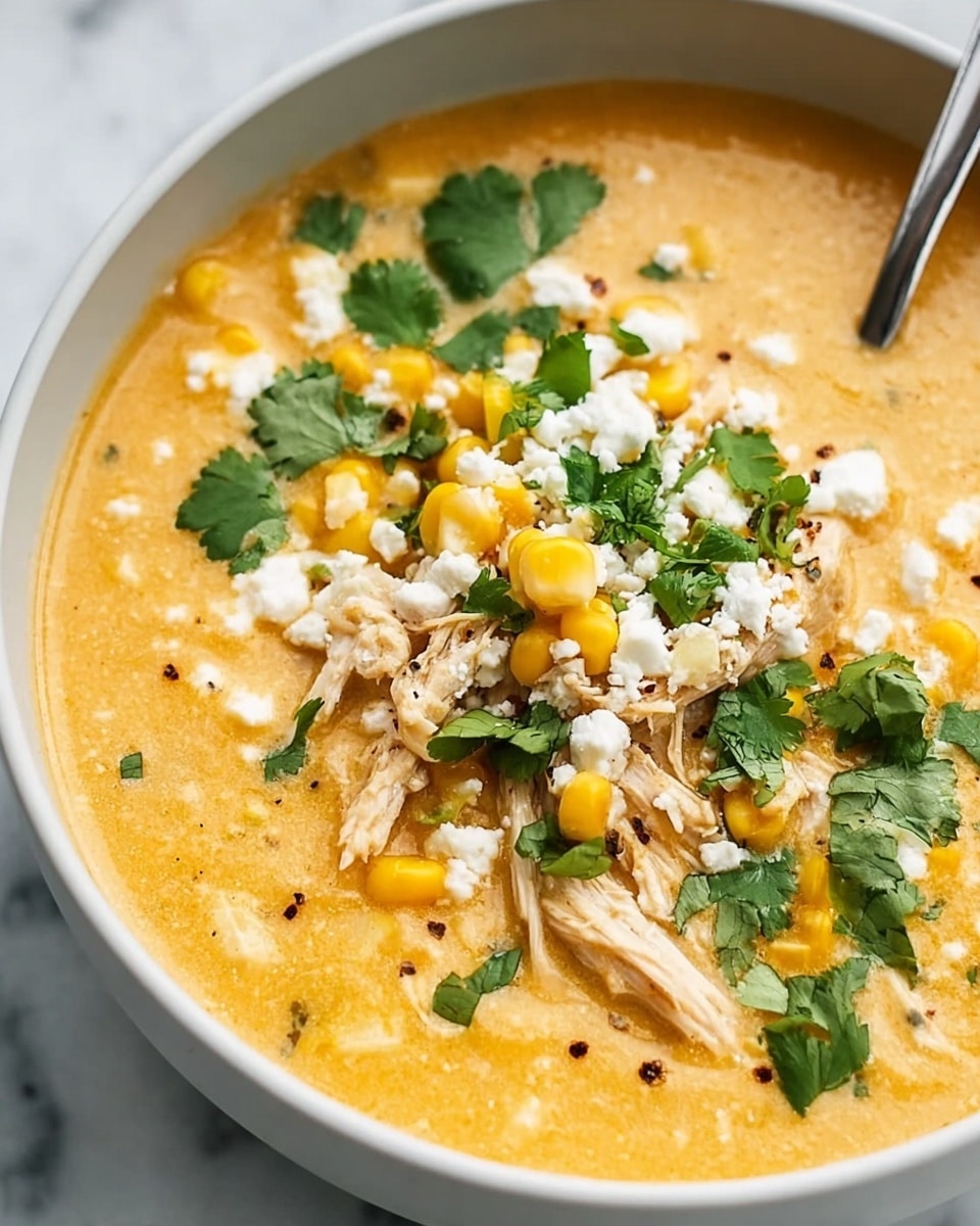 A close-up view of a white bowl filled with creamy orange-yellow soup that has a smooth, slightly thick texture. On top, there are shredded pieces of white chicken layered with bright yellow corn kernels scattered around. Fresh green cilantro leaves are spread as garnish, and crumbled white cheese sits on the top center. There are small specks of black pepper and a few darker spots that look like spices on the soup surface. The background is white marbled, and a silver spoon is partially visible in the bowl. Photo taken with an iphone --ar 4:5 --v 7