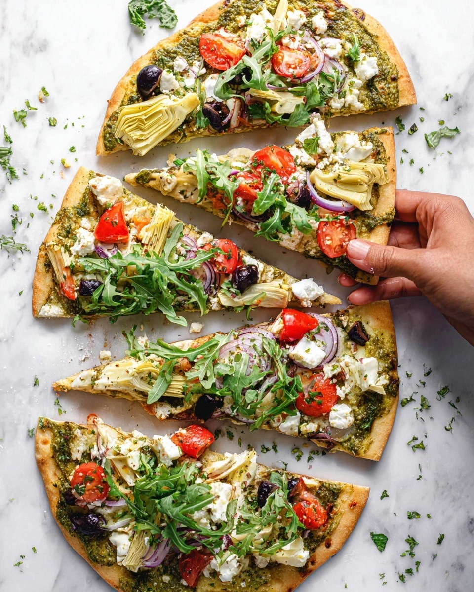 The image shows several triangular flatbread slices topped with various colorful ingredients. The base layer is a golden-brown crust with a slightly crispy texture. On top, there are visible layers of melted white cheese, green leafy arugula, red tomato slices, black olive pieces, and light beige artichoke hearts. Some scattered herbs add a touch of green throughout. A woman's hand is holding one flatbread slice from the bottom right corner, lifting it gently. The flatbreads are placed on a white plate on a white marbled surface. photo taken with an iphone --ar 4:5 --v 7