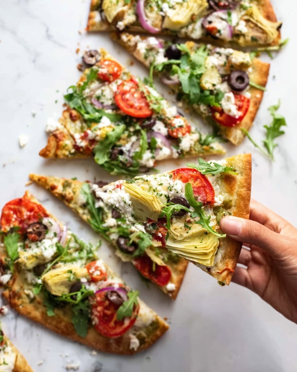 A round pizza sliced into six pieces rests on a white marbled surface, with a woman's hand holding one slice. The crust is golden brown and thin, serving as the base layer. On top is a spread of green pesto sauce unevenly covering the surface. The toppings include halved red cherry tomatoes, black olive slices, and pale yellow artichoke hearts arranged unevenly on each slice. There are also chunks of white cheese scattered across, adding a creamy texture. Light purple onion slices peek through, while fresh green arugula leaves are sprinkled generously on top. Small bits of chopped green herbs are scattered around the pizza and on the surface, enhancing the fresh look. Photo taken with an iphone --ar 4:5 --v 7