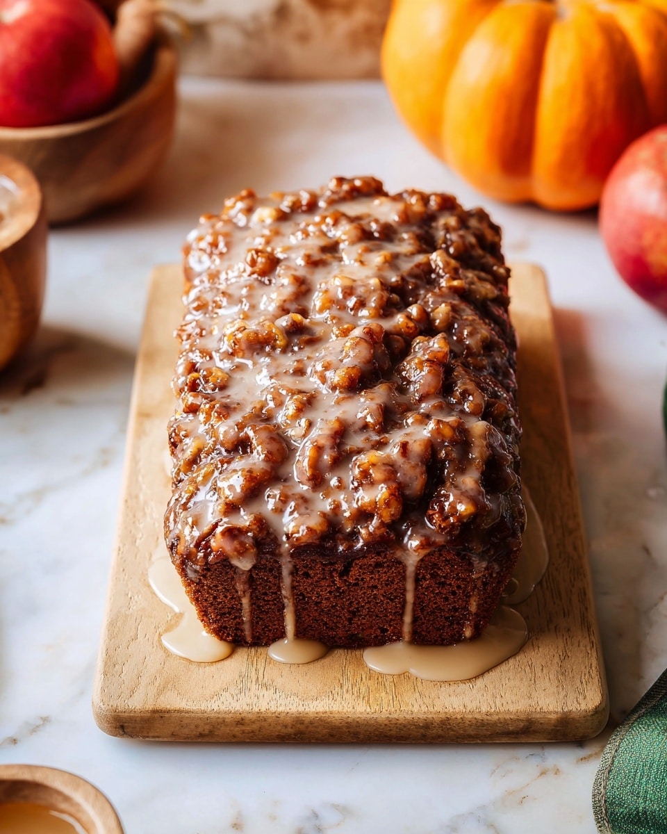 A rectangular cake with scalloped edges sits on a light wooden board over a white marbled surface. The cake has a rich, dark brown color with a sticky, glossy glaze dripping down the sides and pooling slightly on the board beneath. The top layer appears textured with clusters of glossy nuts or caramelized bits, covered in a shiny, light beige glaze that gives it a moist and gooey appearance. Around the board, there is a focus on autumnal decorations like a small orange pumpkin and a wooden bowl holding a red apple, adding warmth to the scene. Photo taken with an iphone --ar 4:5 --v 7