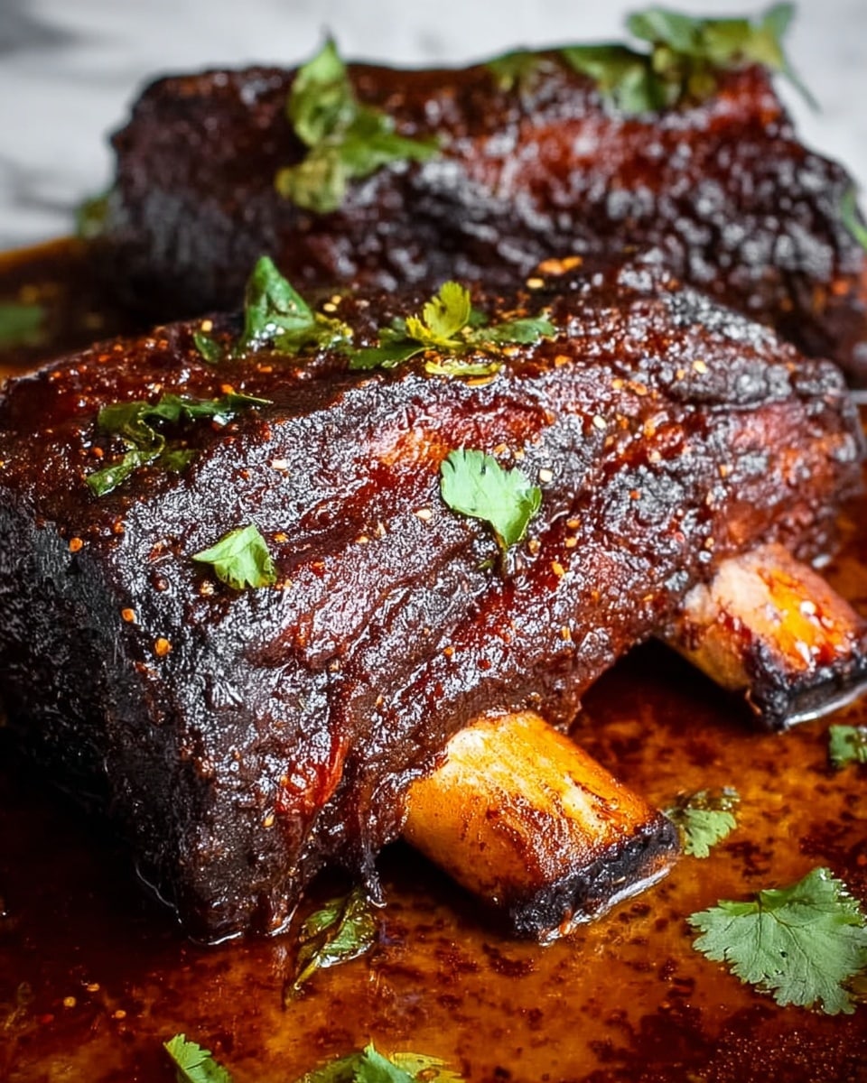 The image shows two large pieces of barbecued ribs with a dark, glossy, and sticky sauce coating their textured surface. The ribs are richly caramelized, almost blackened in some spots, with the bone ends exposed and light-colored. Small green cilantro leaves are scattered on top, providing contrast against the deep browns and reds of the meat. The ribs rest on a white marbled surface covered in a thick layer of rich brown and reddish sauce with some oil sheen, making the dish look juicy and flavorful. Photo taken with an iphone --ar 4:5 --v 7