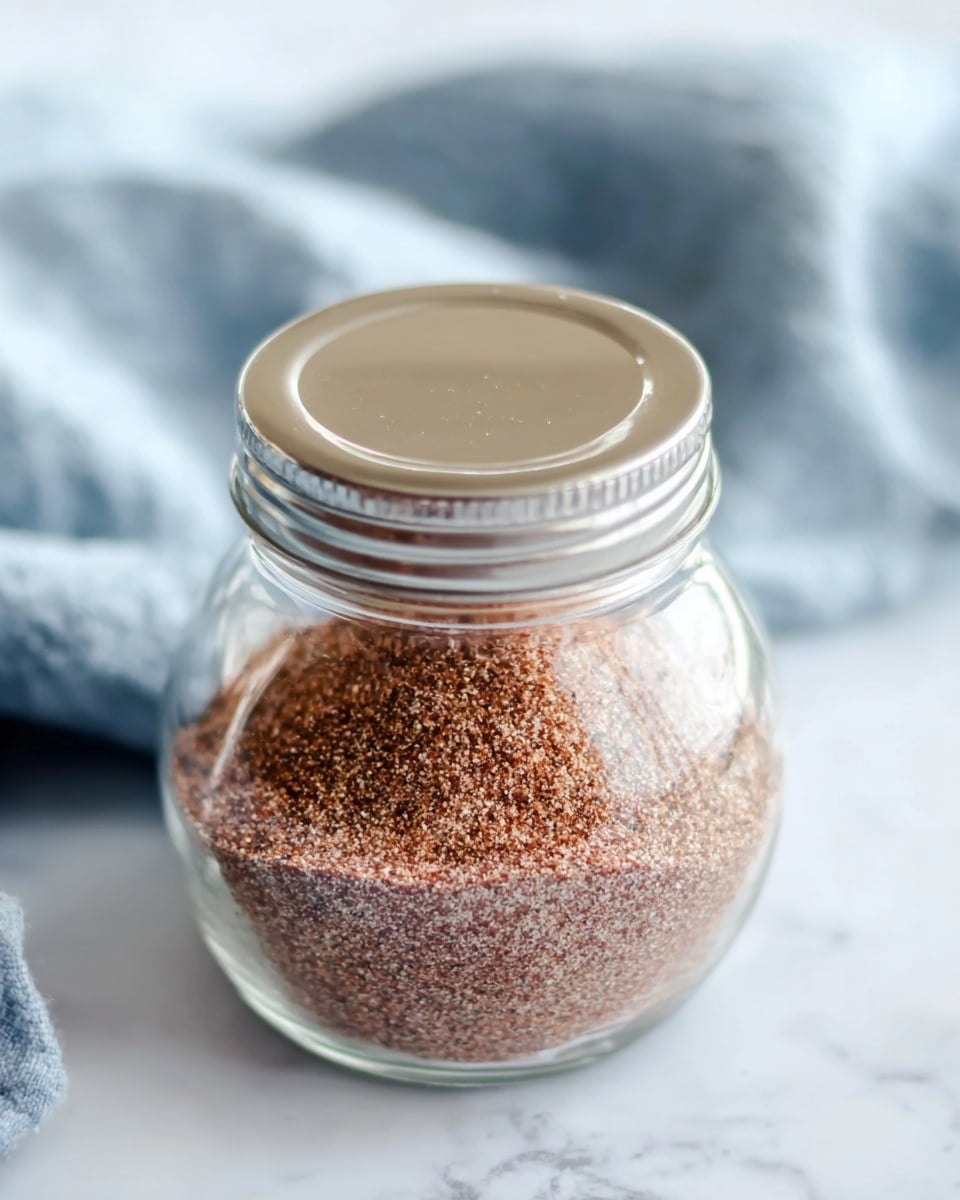 A round clear glass jar filled about halfway with finely ground brown spice mix showing reddish and beige specks, topped with a shiny silver metal lid reflecting light. The jar is placed on a white marbled surface, with a soft, blurred pale blue cloth in the background. photo taken with an iphone --ar 4:5 --v 7